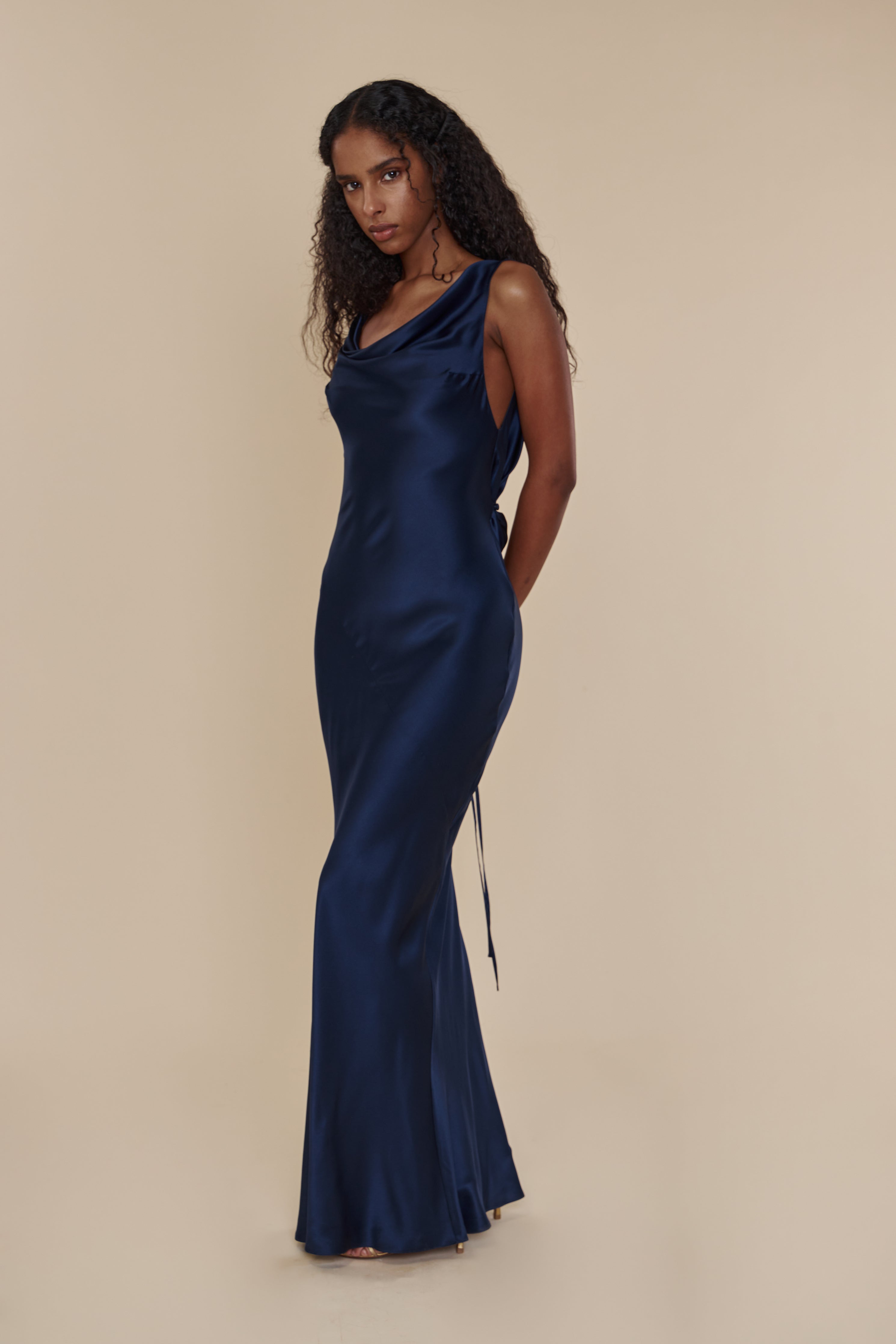 Plunging Back Cowl Dress in Navy XL (MADE-TO-ORDER)