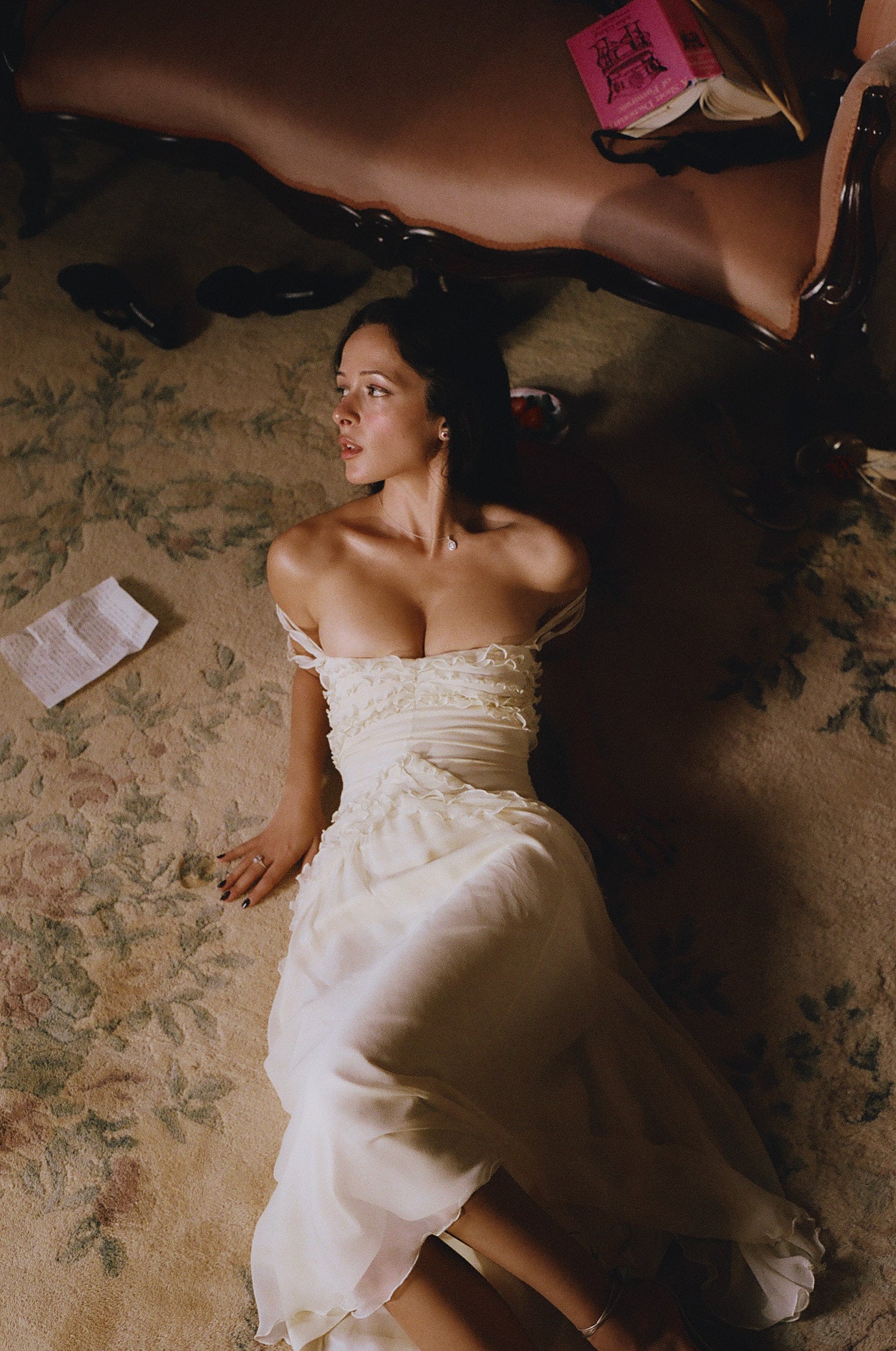 Mirror Palais Cascading Ruffle Lady Length Creme Dress Front