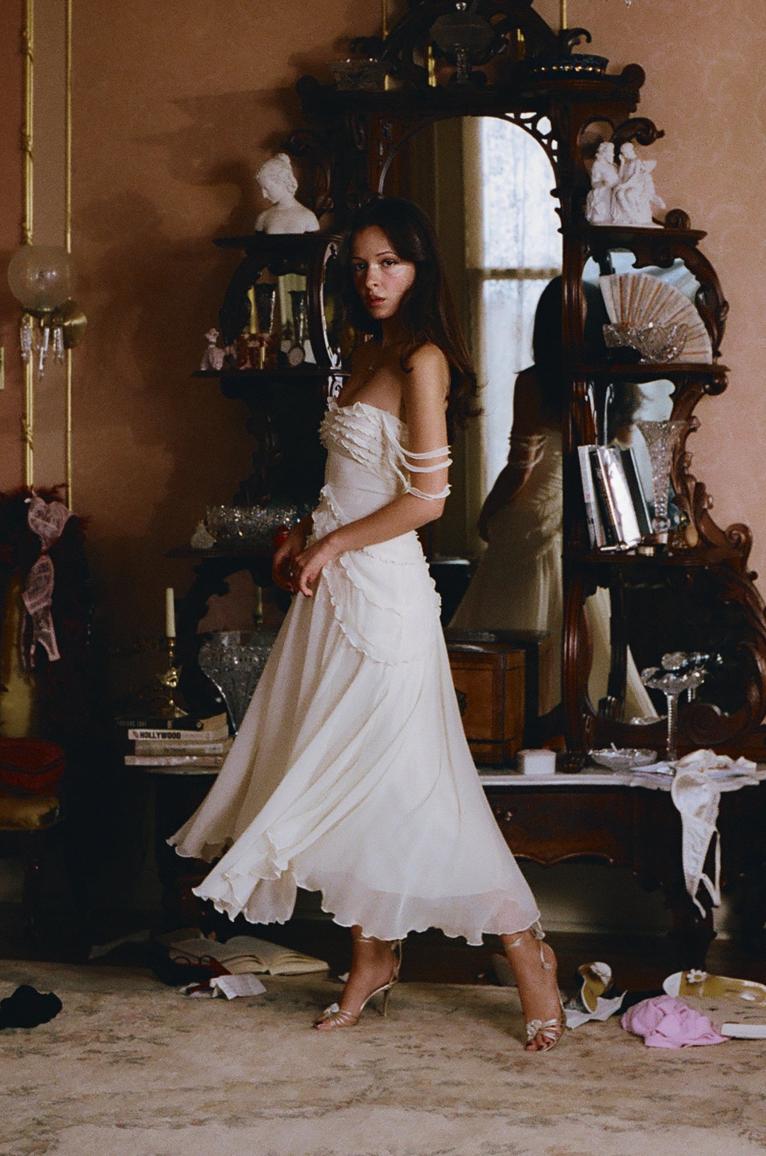 Mirror Palais Cascading Ruffle Lady Length Creme Dress Side