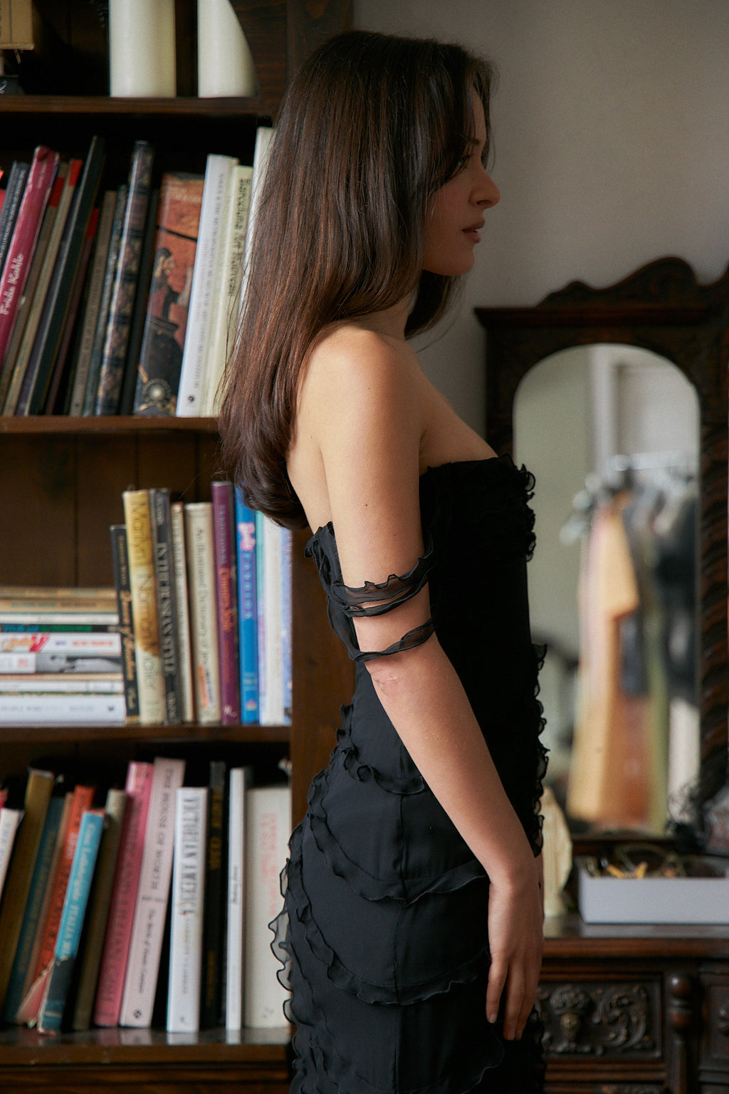 Cascading Ruffle Gown Lined in Noir