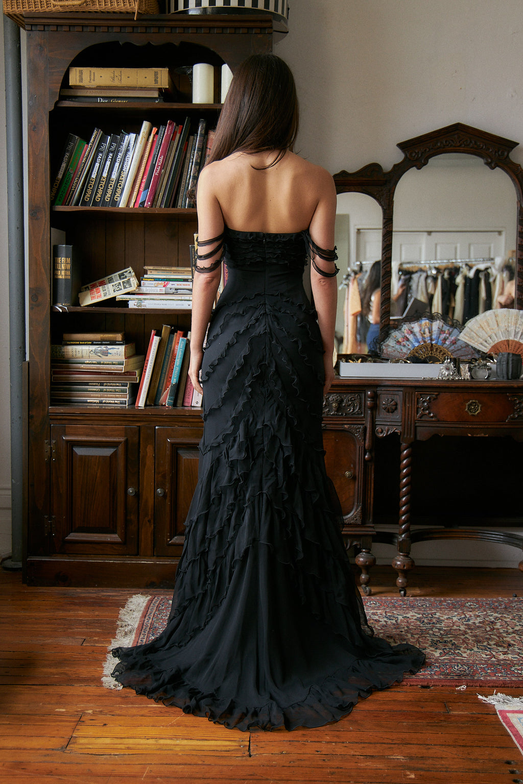 Cascading Ruffle Gown Lined in Noir