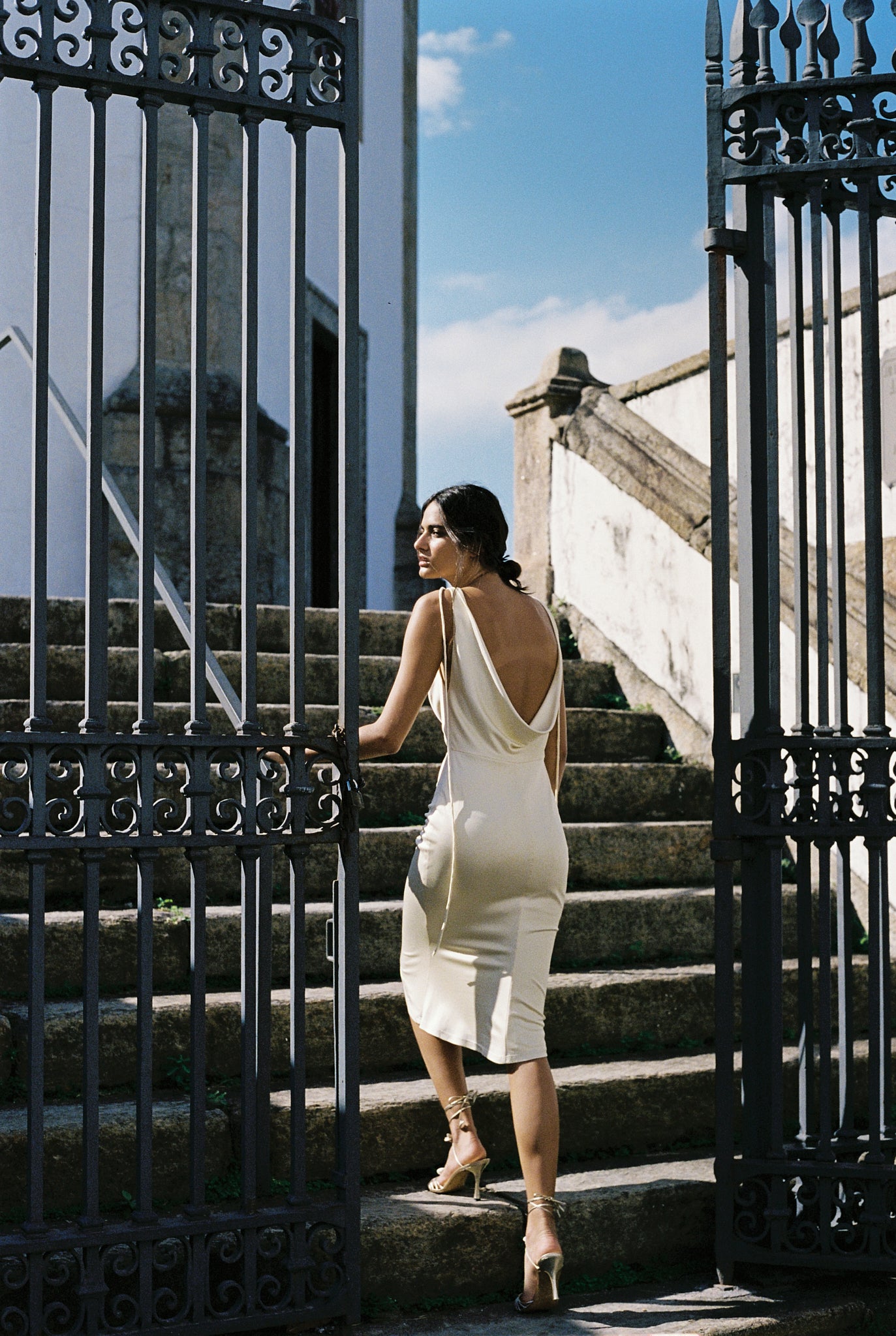 Plunging Back Cowl Lady Length Dress in Butter