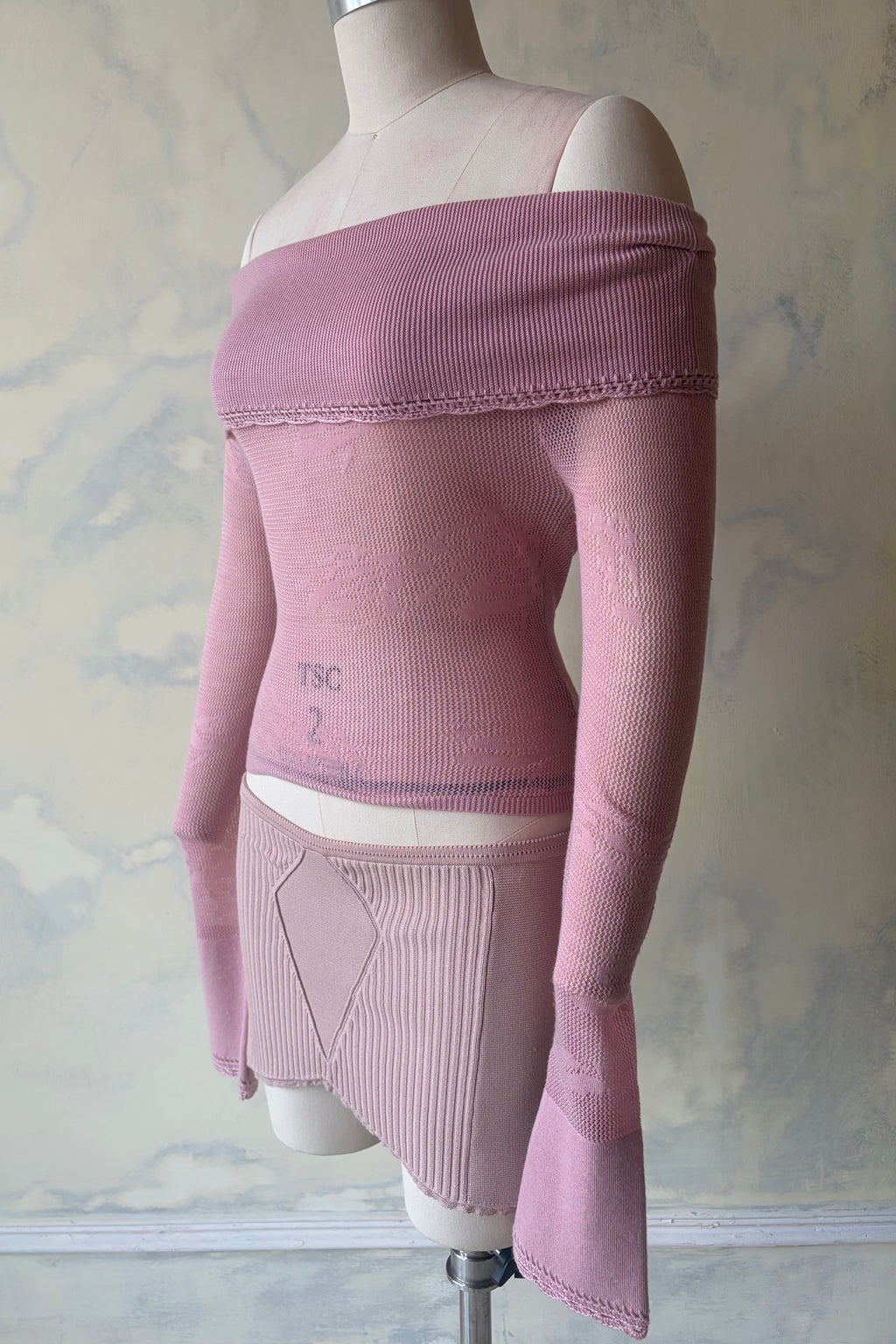 Pointelle Knit Off-Shoulder Top in Puce Sample