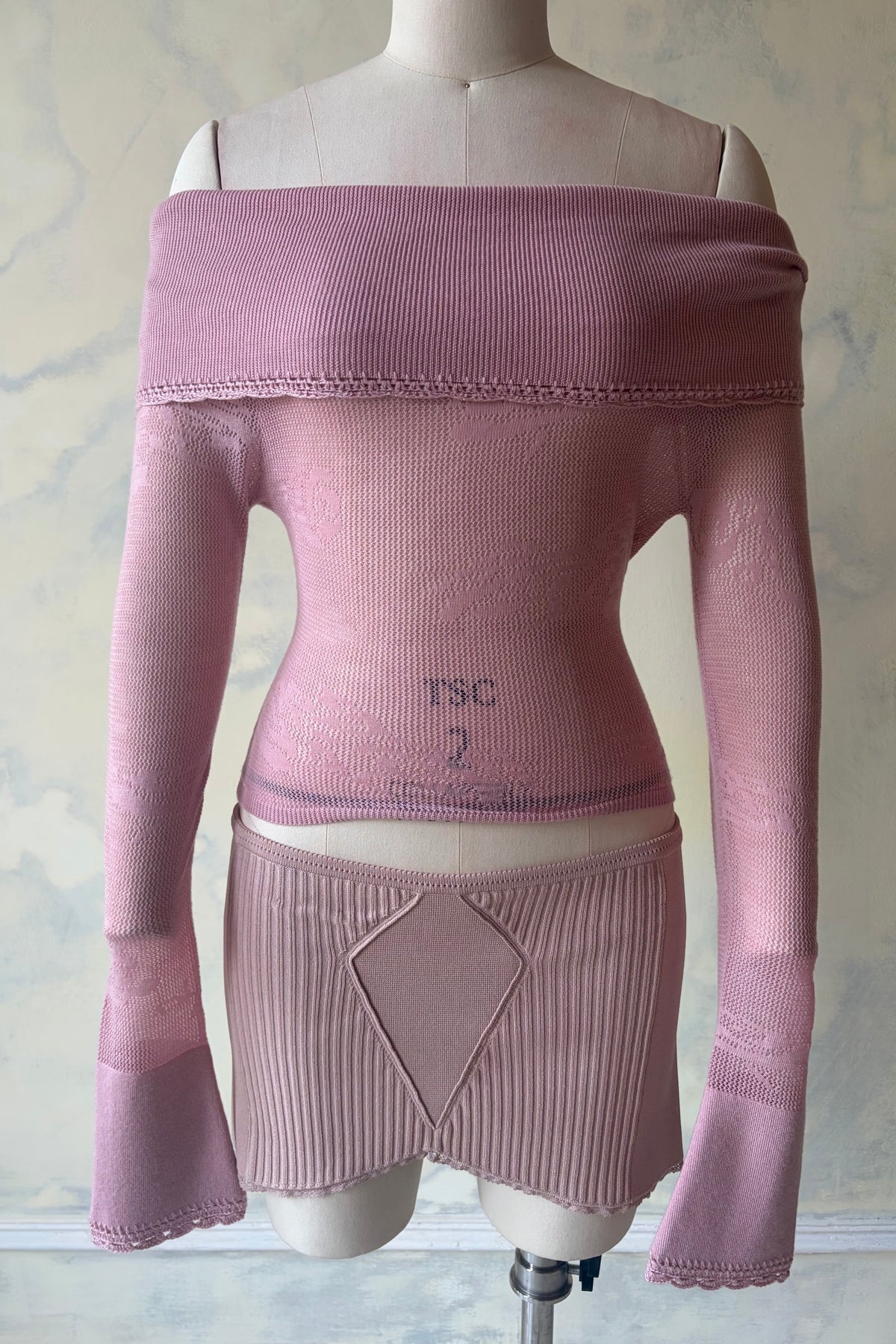 Pointelle Knit Off-Shoulder Top in Puce Sample
