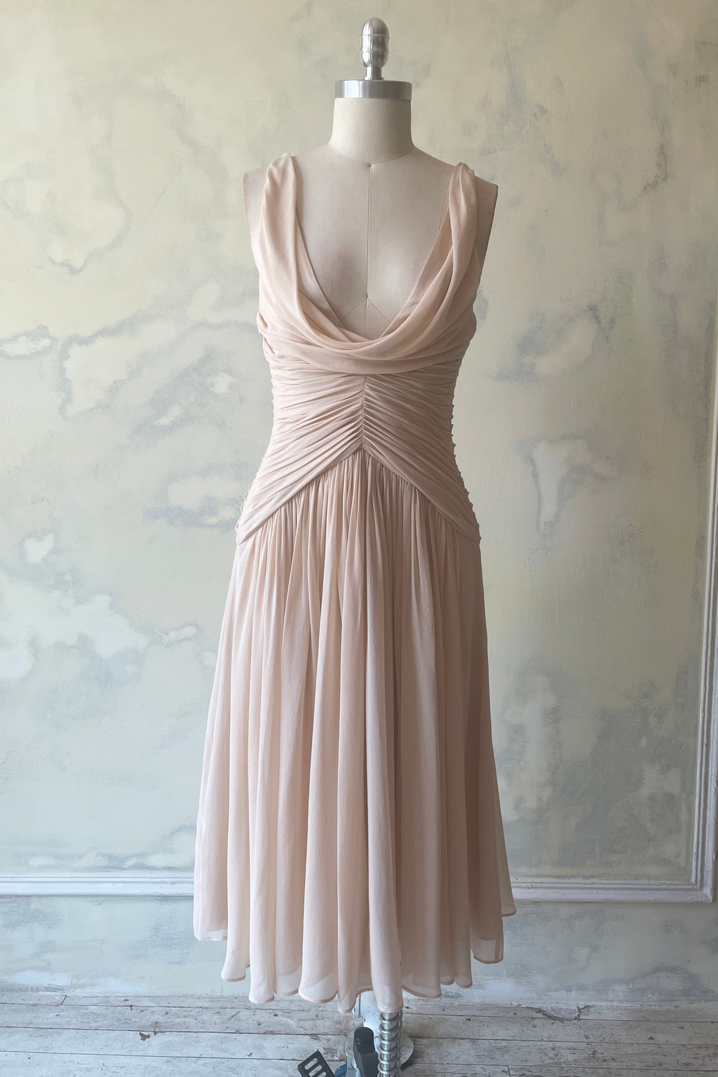 Ruffle Sheer Cowl Neck Lady Dress Sample