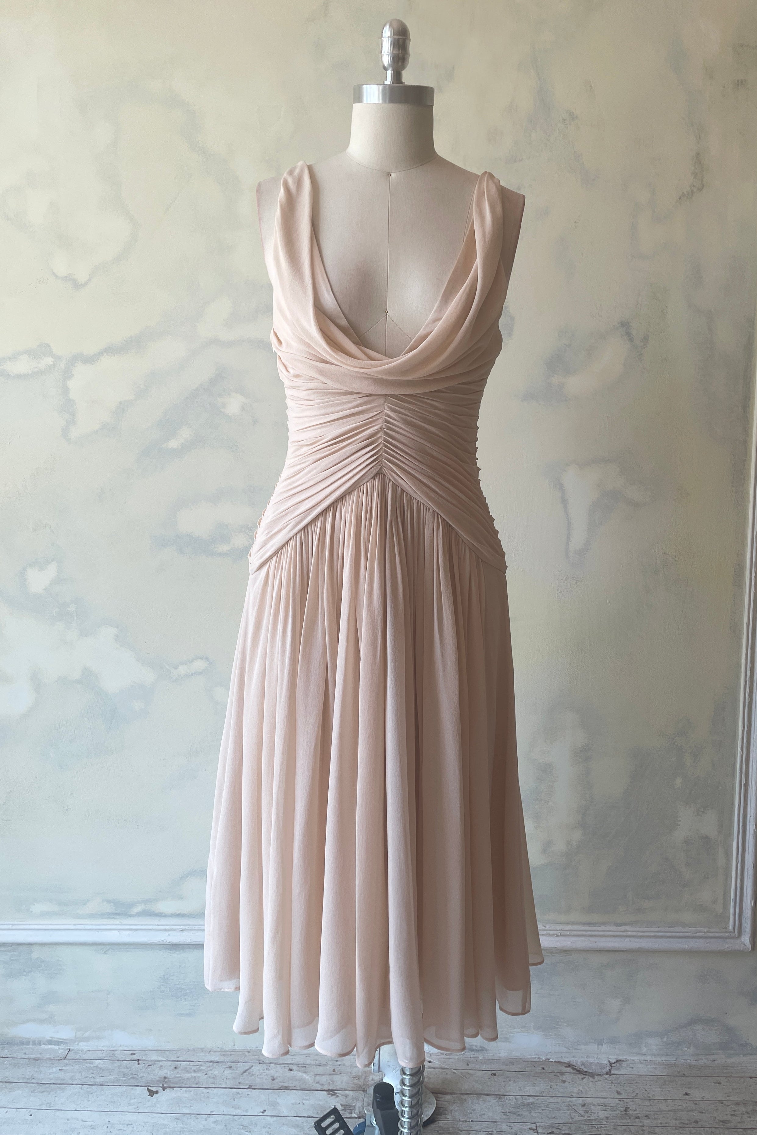 Ruffle Sheer Cowl Neck Lady Dress Sample