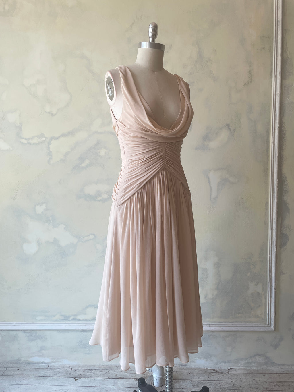 Ruffle Sheer Cowl Neck Lady Dress Sample