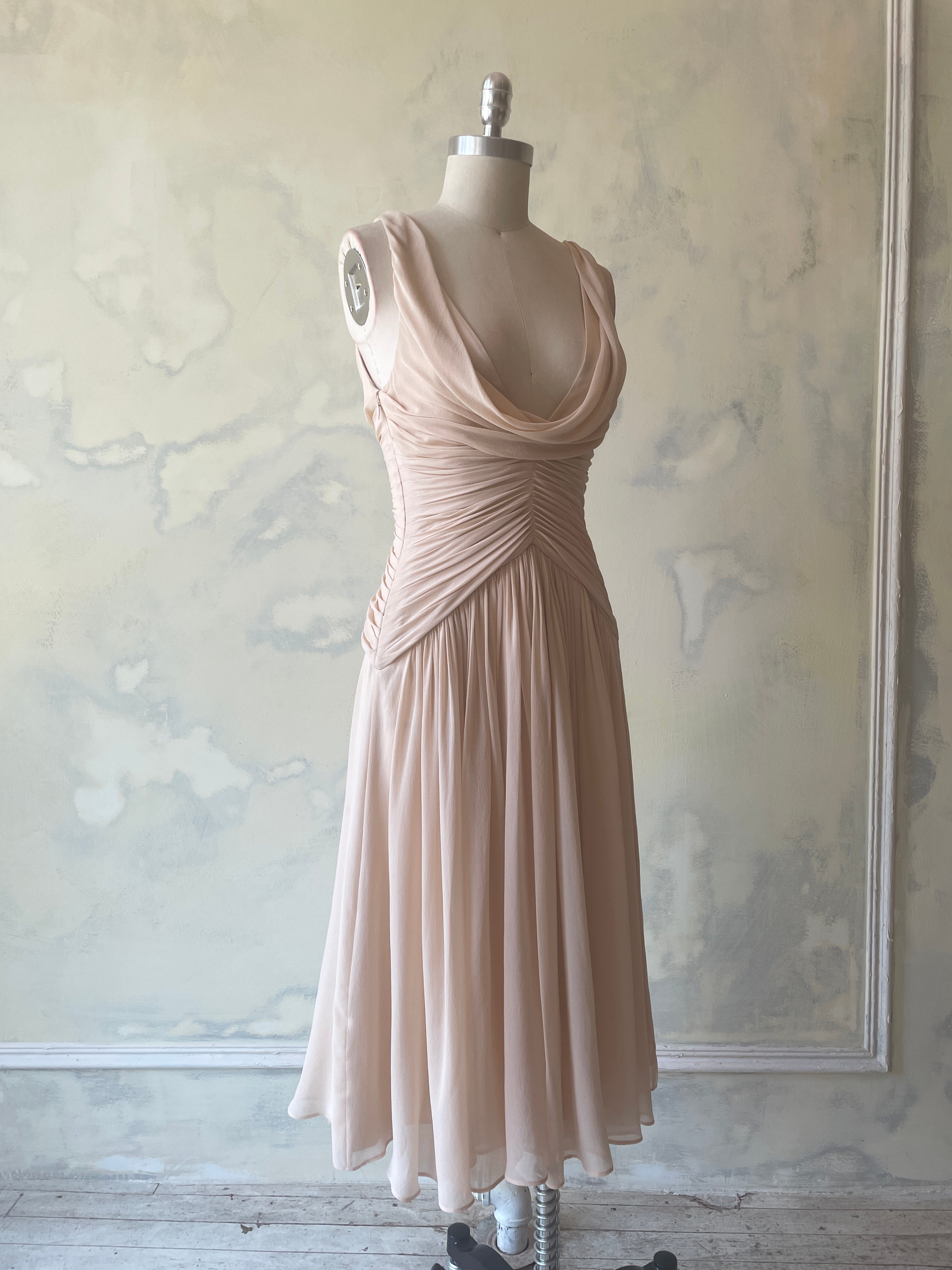 Ruffle Sheer Cowl Neck Lady Dress Sample