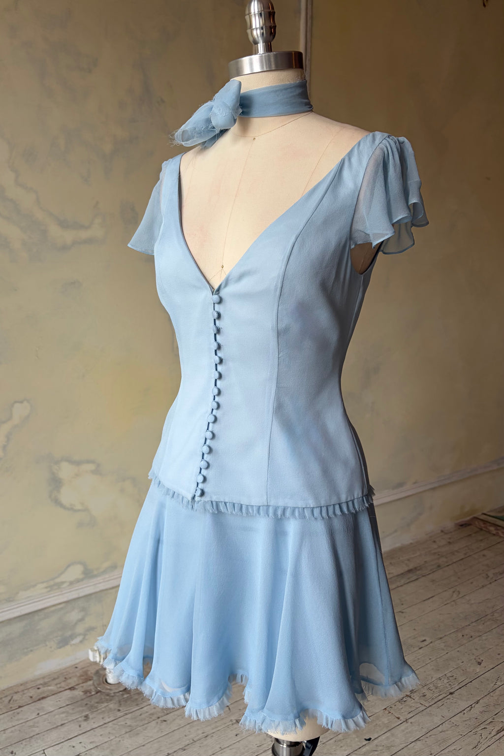 Sky Blue Flutter Sleeve Vest and Mini Skirt Set Unreleased Sample