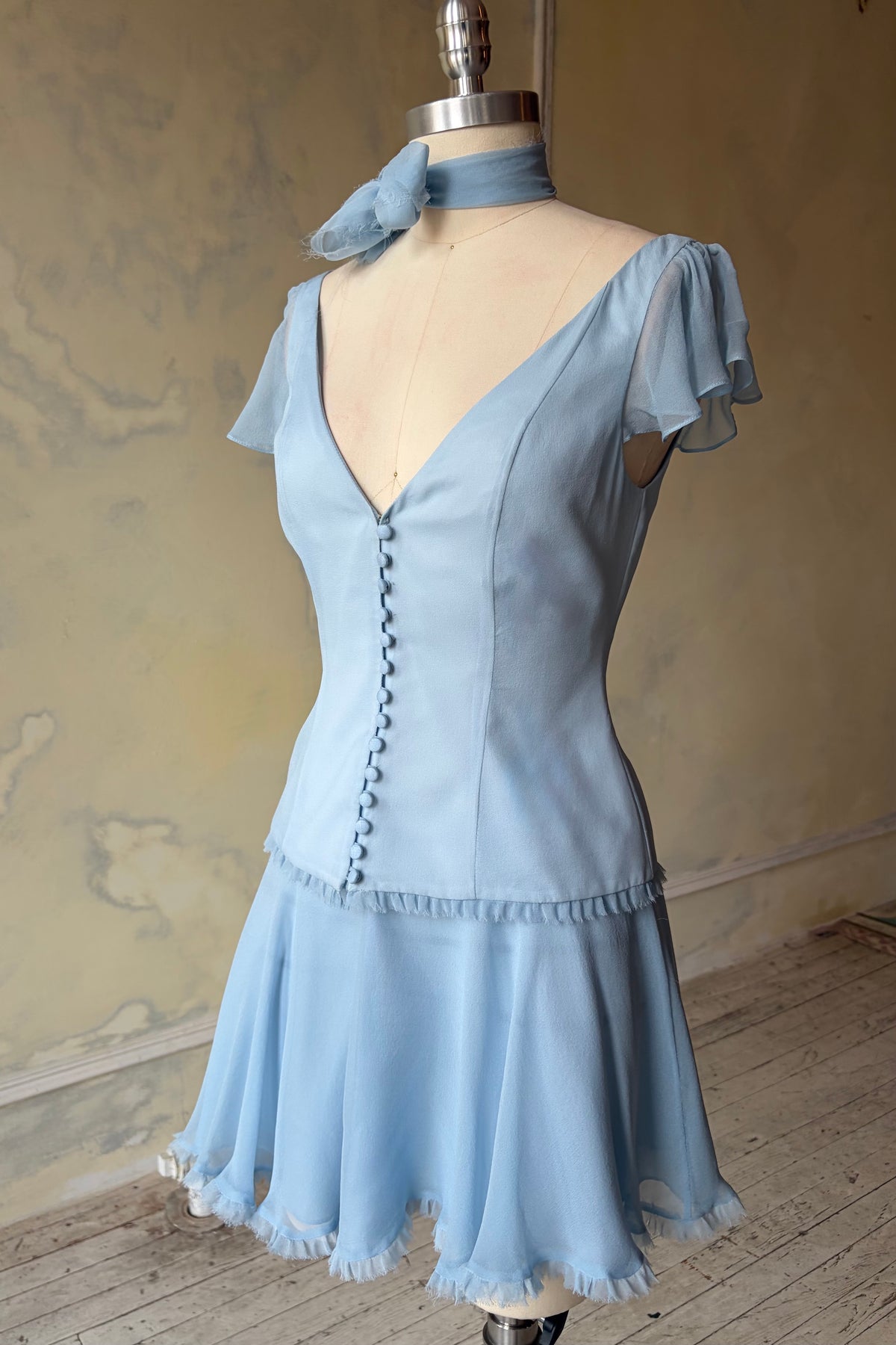 Sky Blue Flutter Sleeve Vest and Mini Skirt Set Unreleased Sample