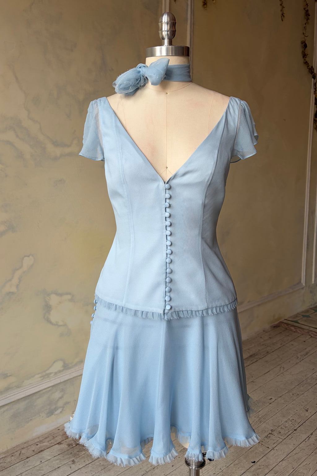 Sky Blue Flutter Sleeve Vest and Mini Skirt Set Unreleased Sample