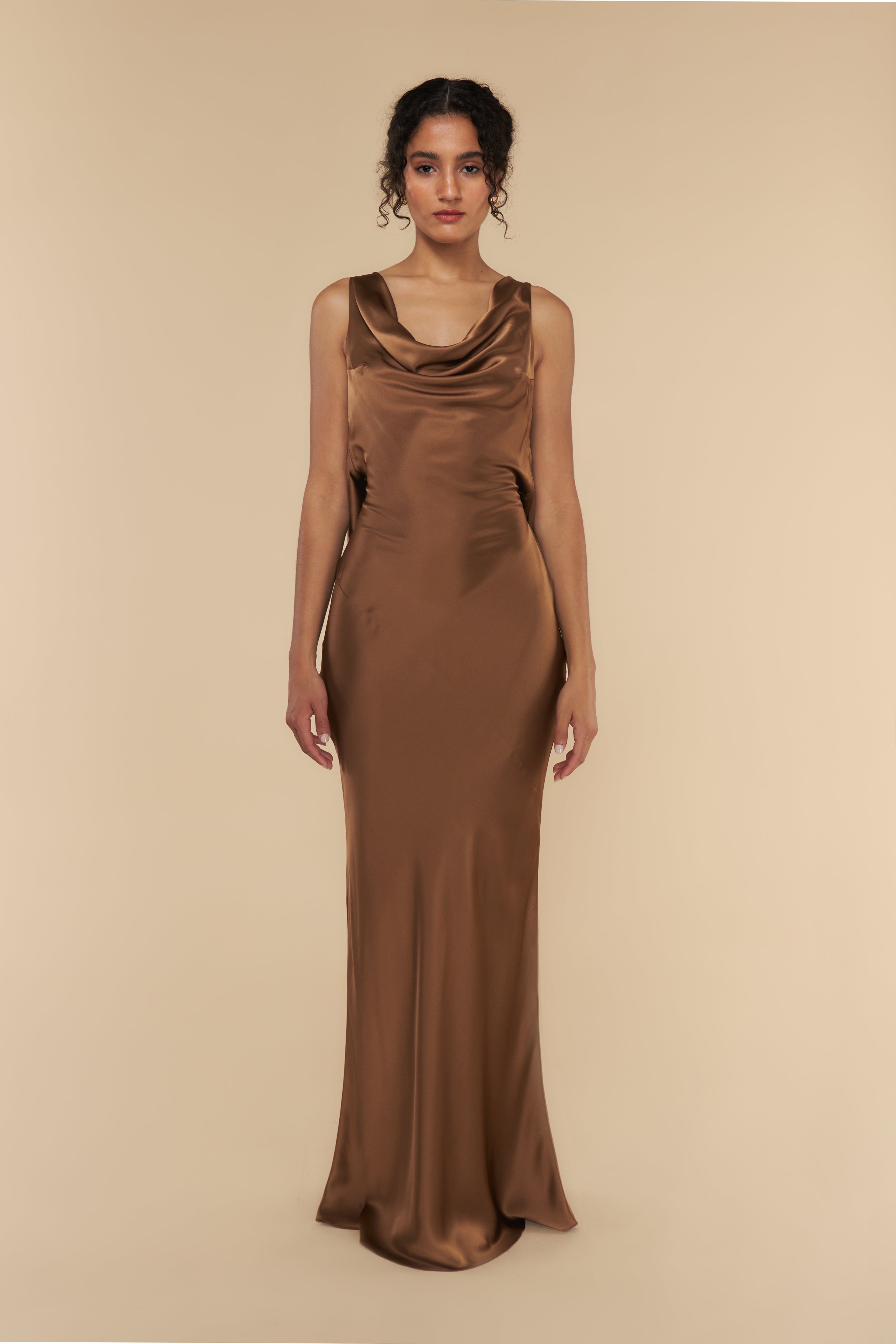 Plunging Back Cowl Dress in Toffee