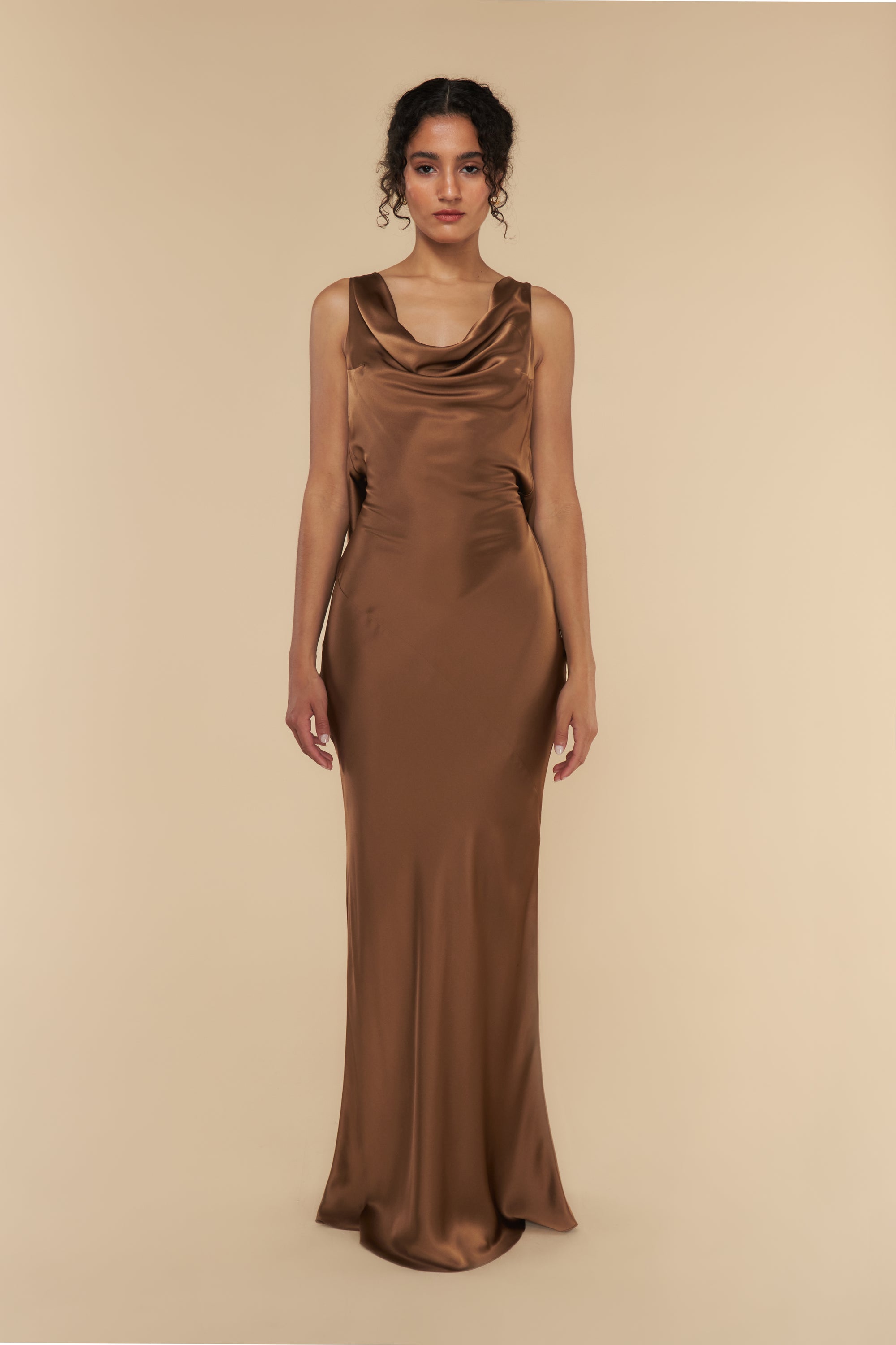 Plunging Back Cowl Dress Toffee