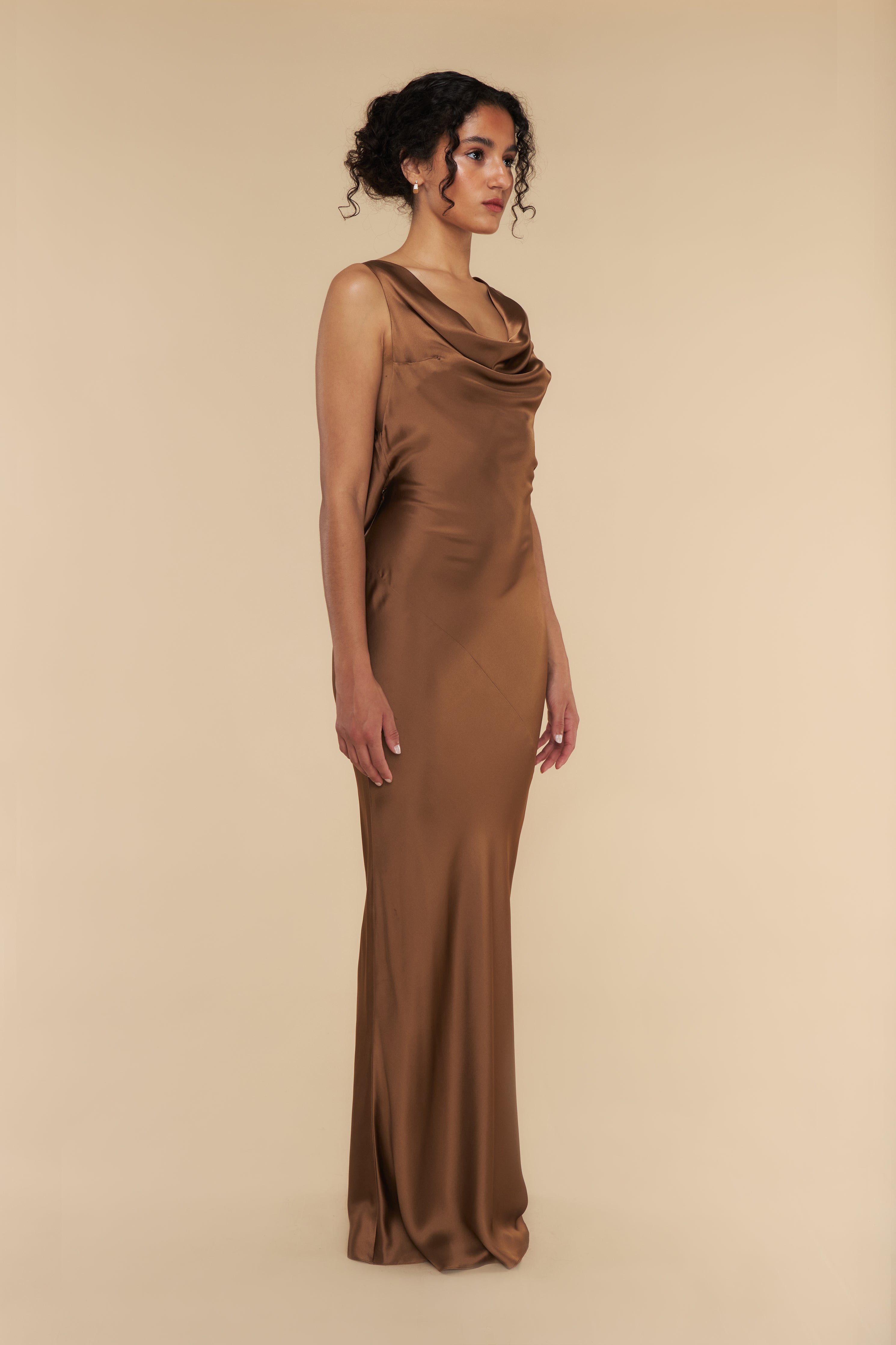 Plunging Back Cowl Dress in Toffee