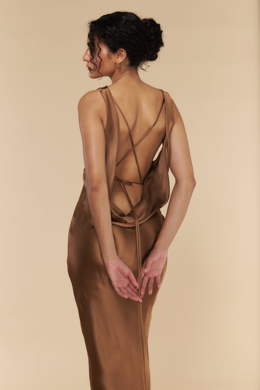 Plunging Back Cowl Dress in Toffee