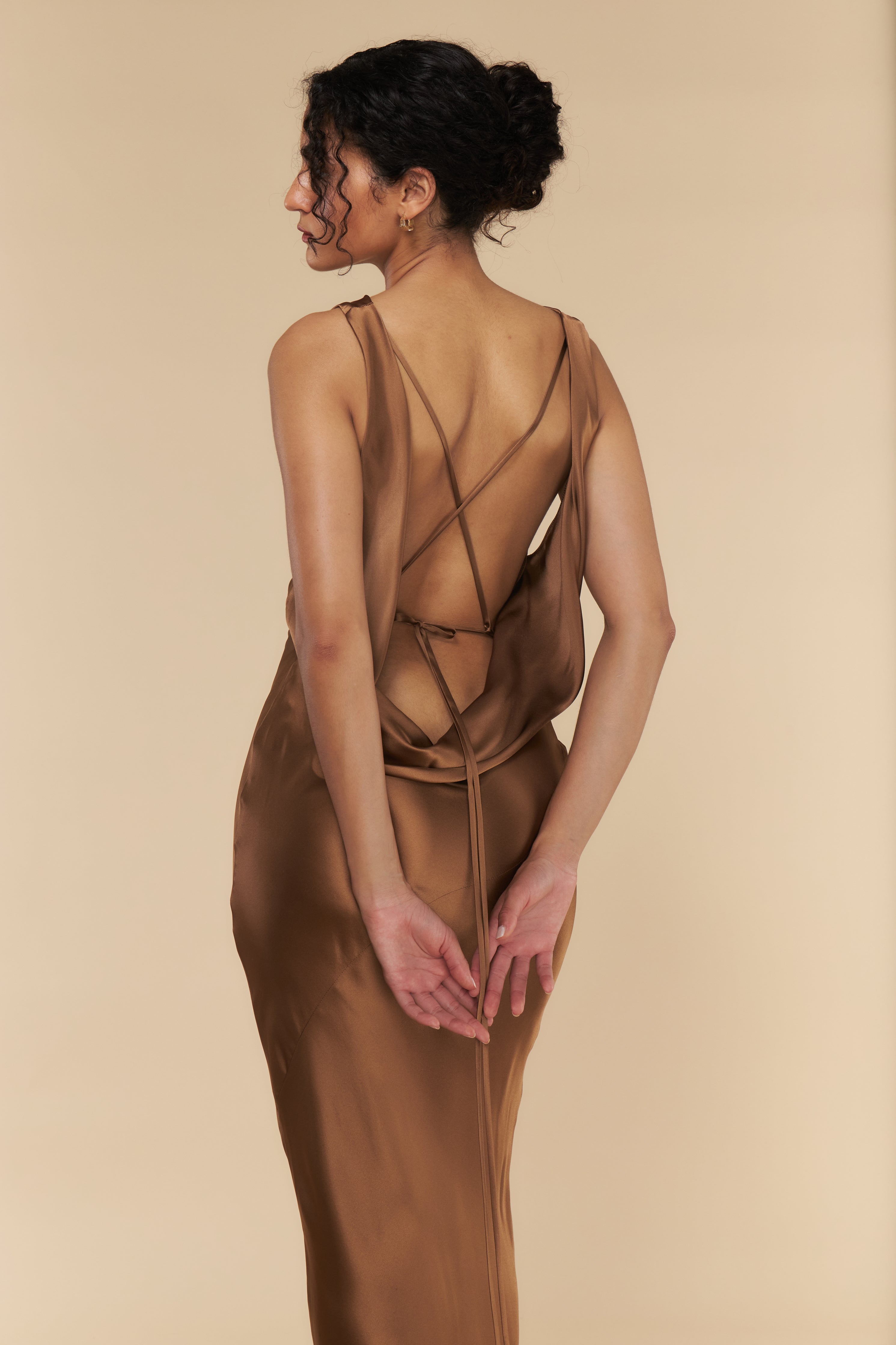 Plunging Back Cowl Dress in Toffee