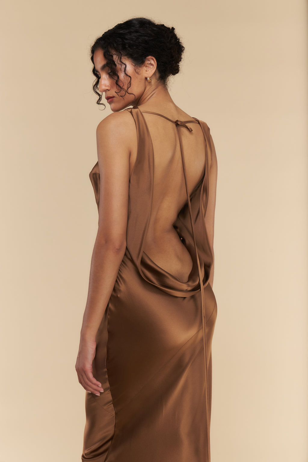 Plunging Back Cowl Dress in Toffee