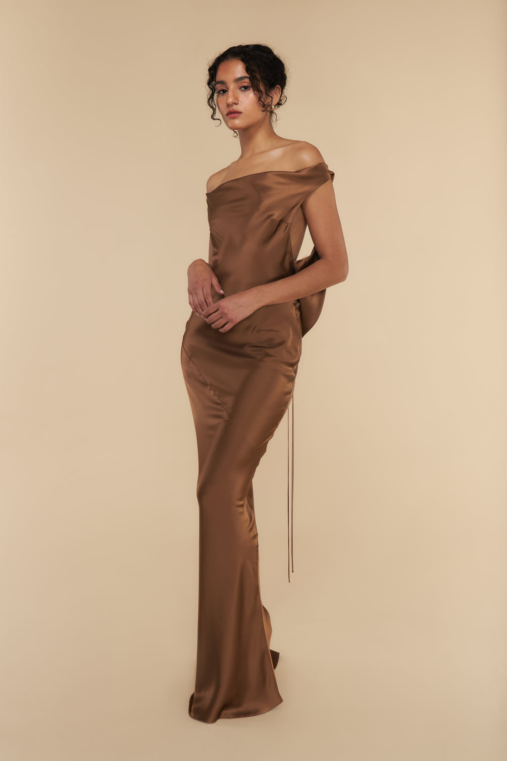 Plunging Back Cowl Dress in Toffee