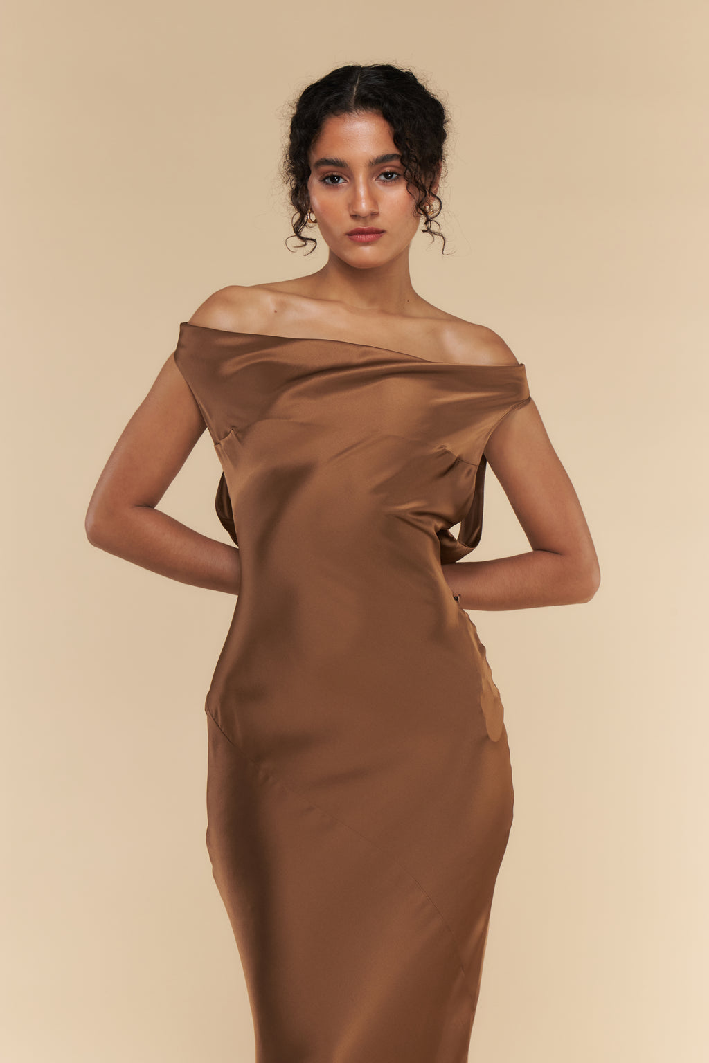 Plunging Back Cowl Dress in Toffee