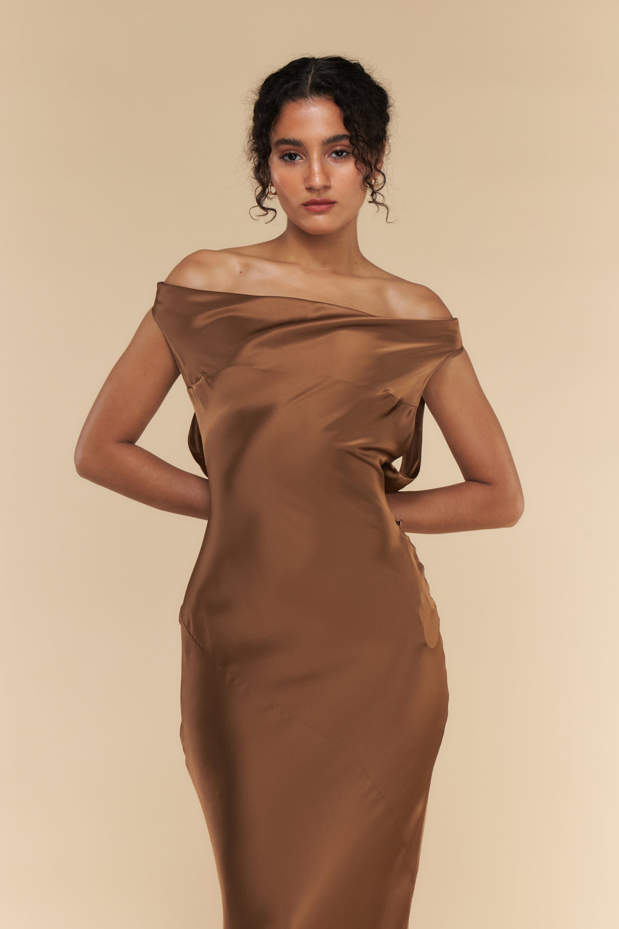 Plunging Back Cowl Dress Toffee