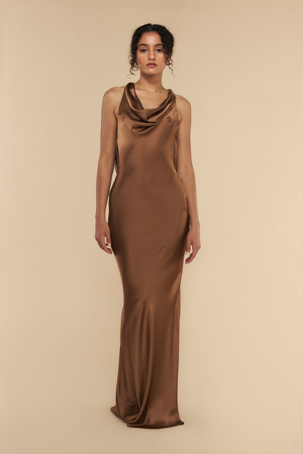 Plunging Back Cowl Dress in Toffee