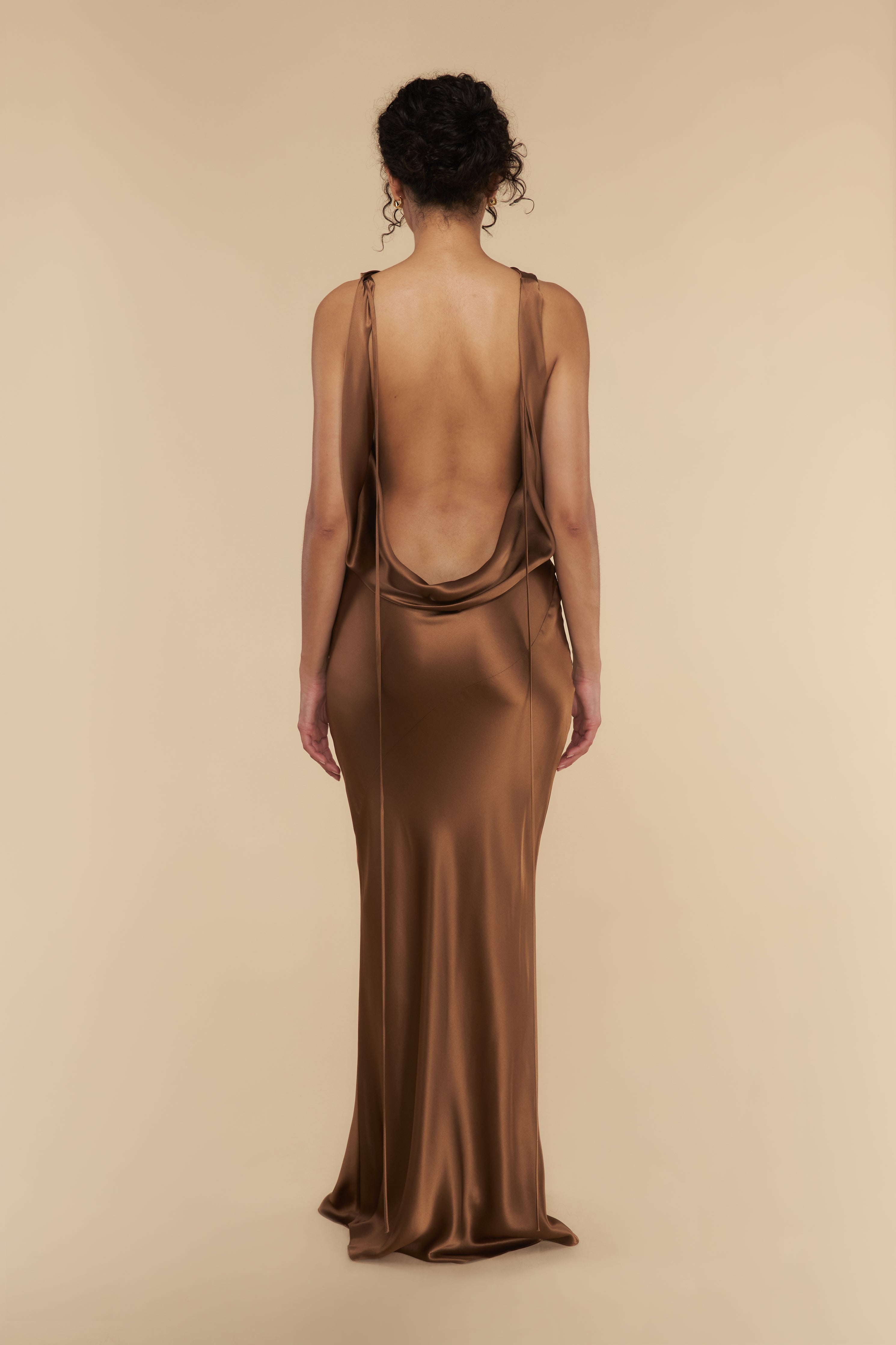 Plunging Back Cowl Dress in Toffee