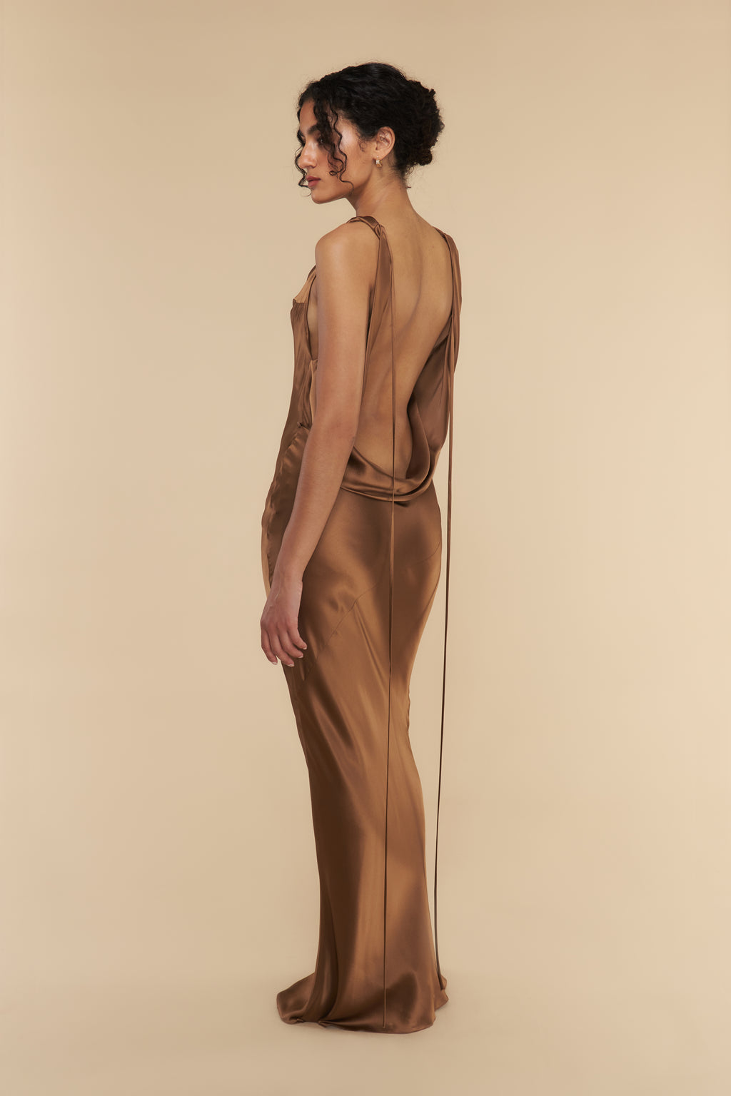 Plunging Back Cowl Dress in Toffee