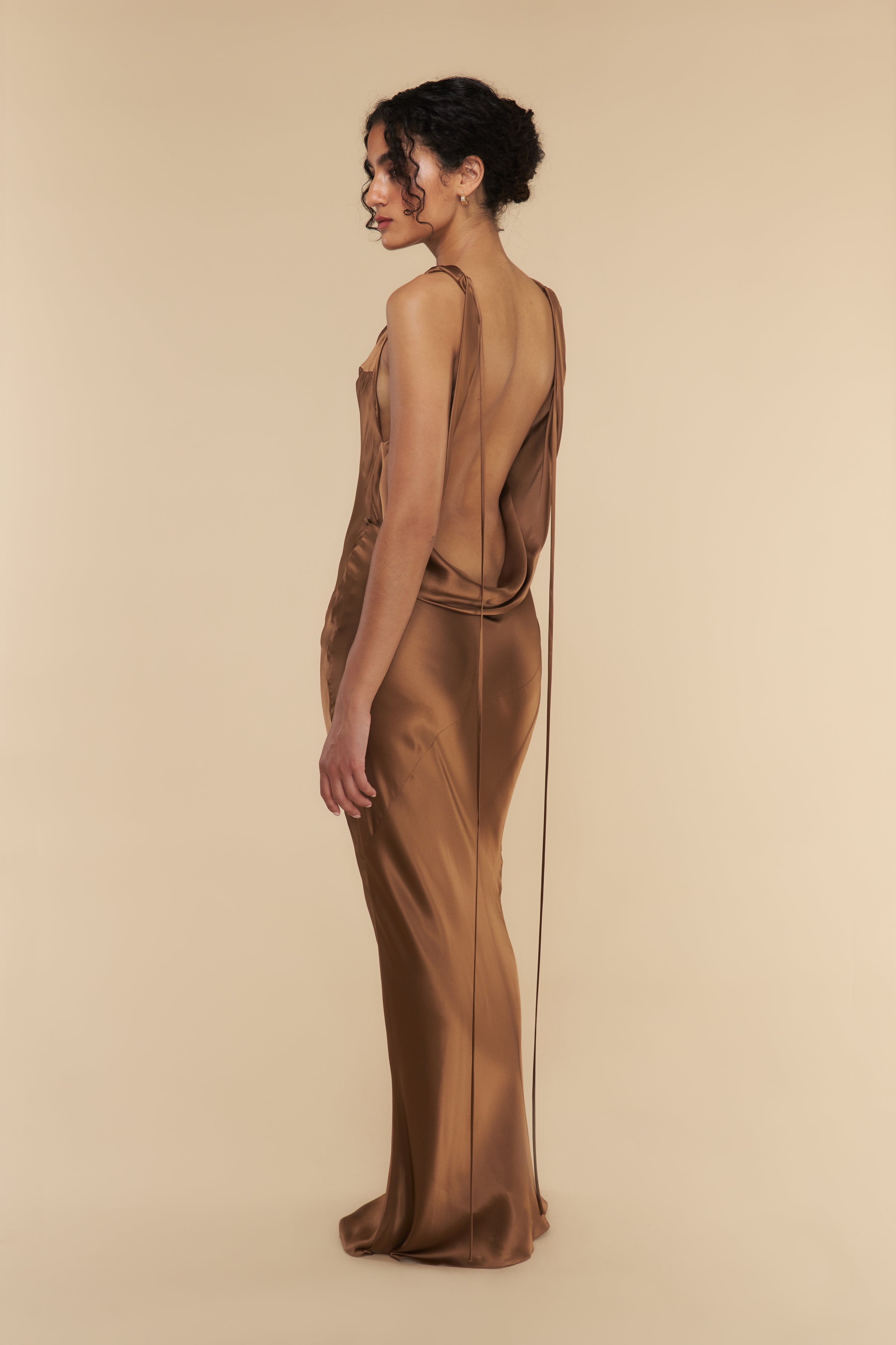 Plunging Back Cowl Dress in Toffee