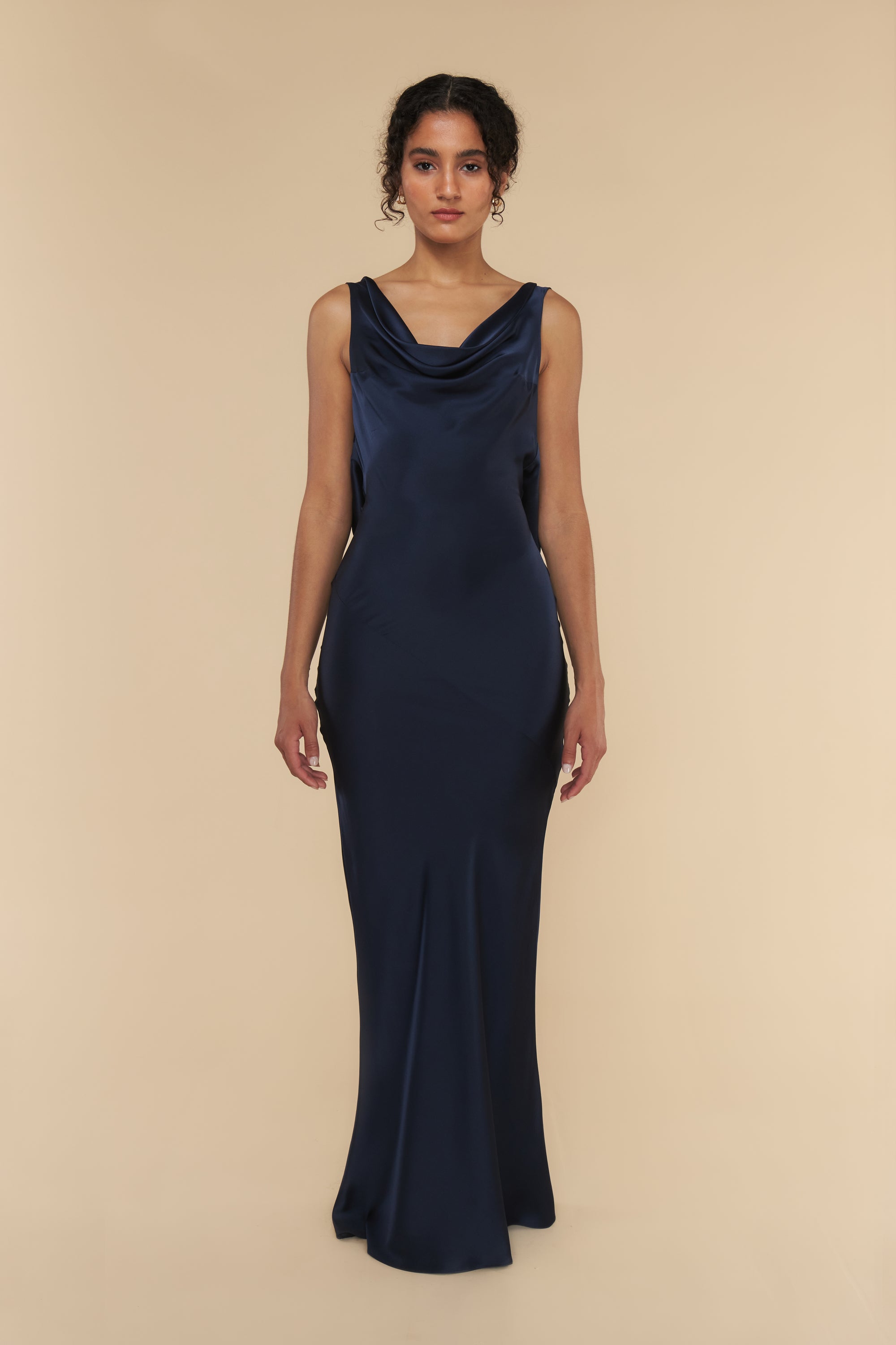 Plunging Back Cowl Dress in Navy
