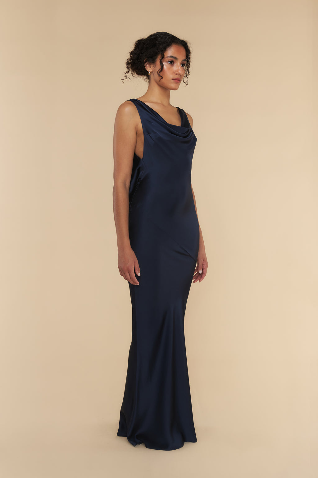 Plunging Back Cowl Dress in Navy