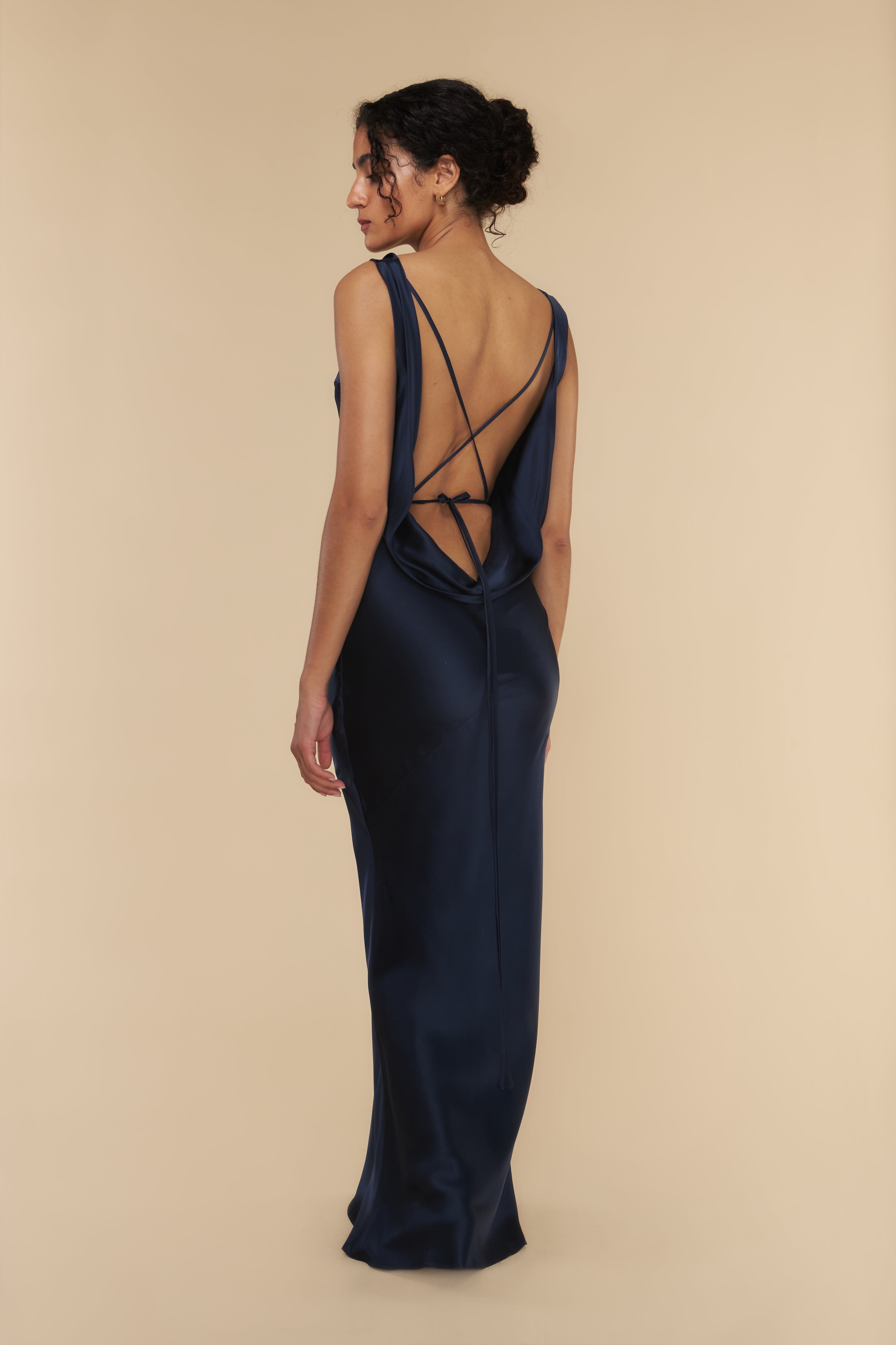 Plunging Back Cowl Dress in Navy