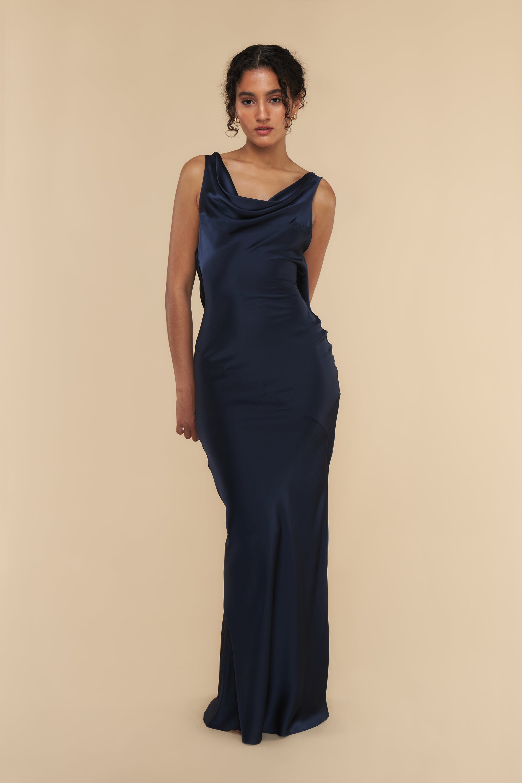 Plunging Back Cowl Dress in Navy