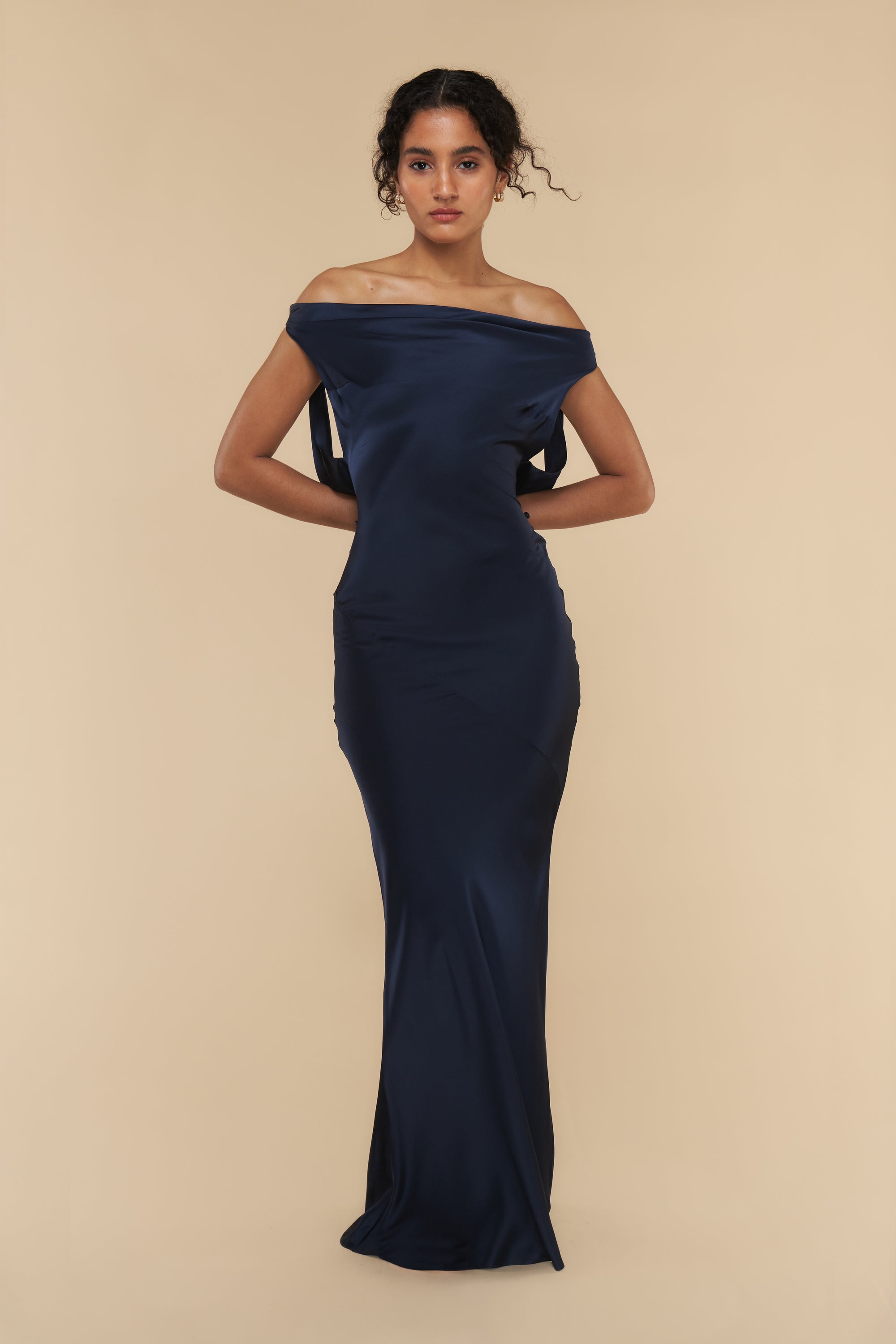 Plunging Back Cowl Dress in Navy