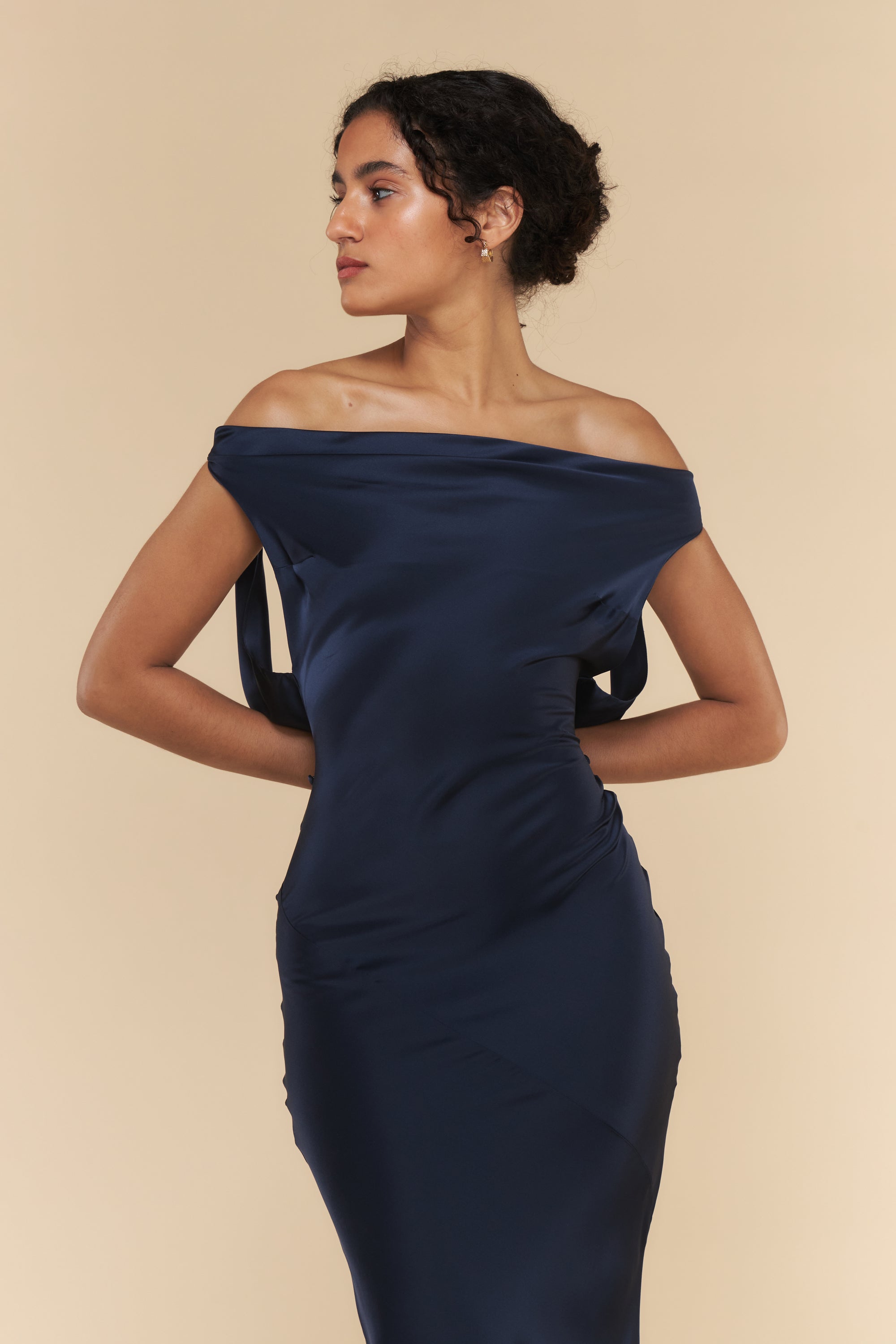 Plunging Back Cowl Dress in Navy