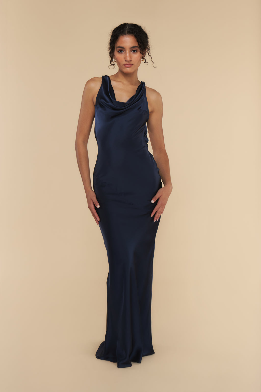 Plunging Back Cowl Dress in Navy