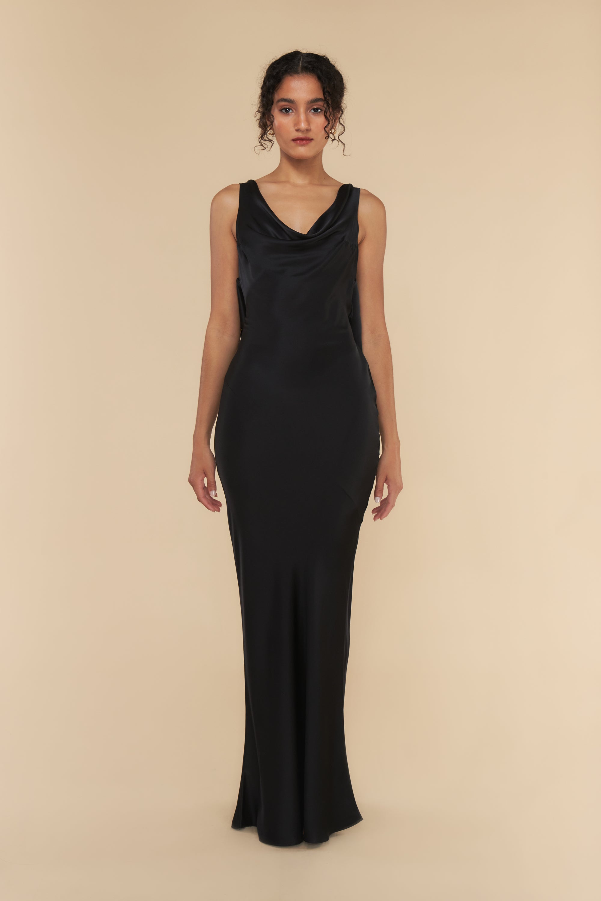 Plunging Back Cowl Dress in Noir