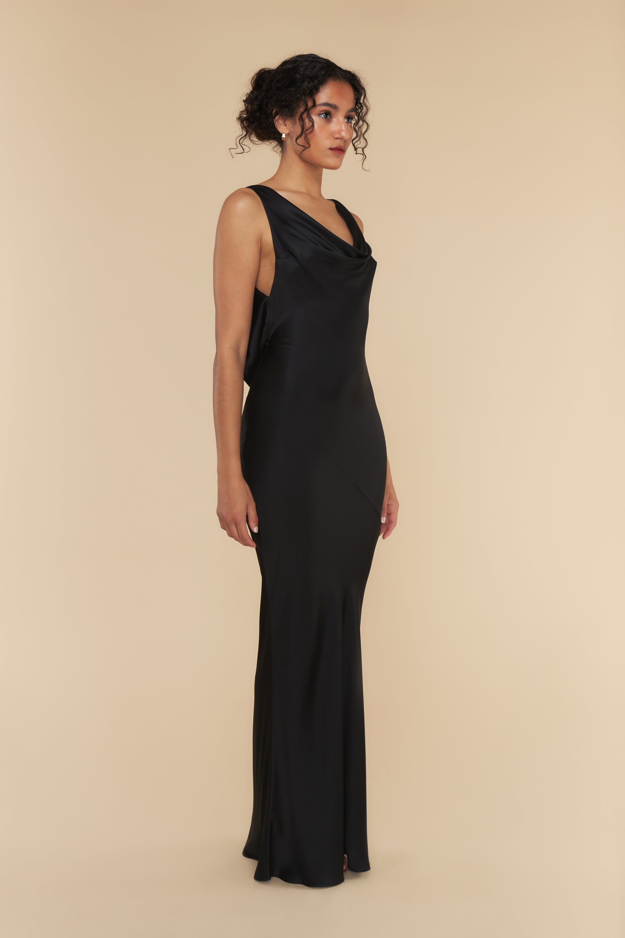 Plunging Back Cowl Dress in Noir