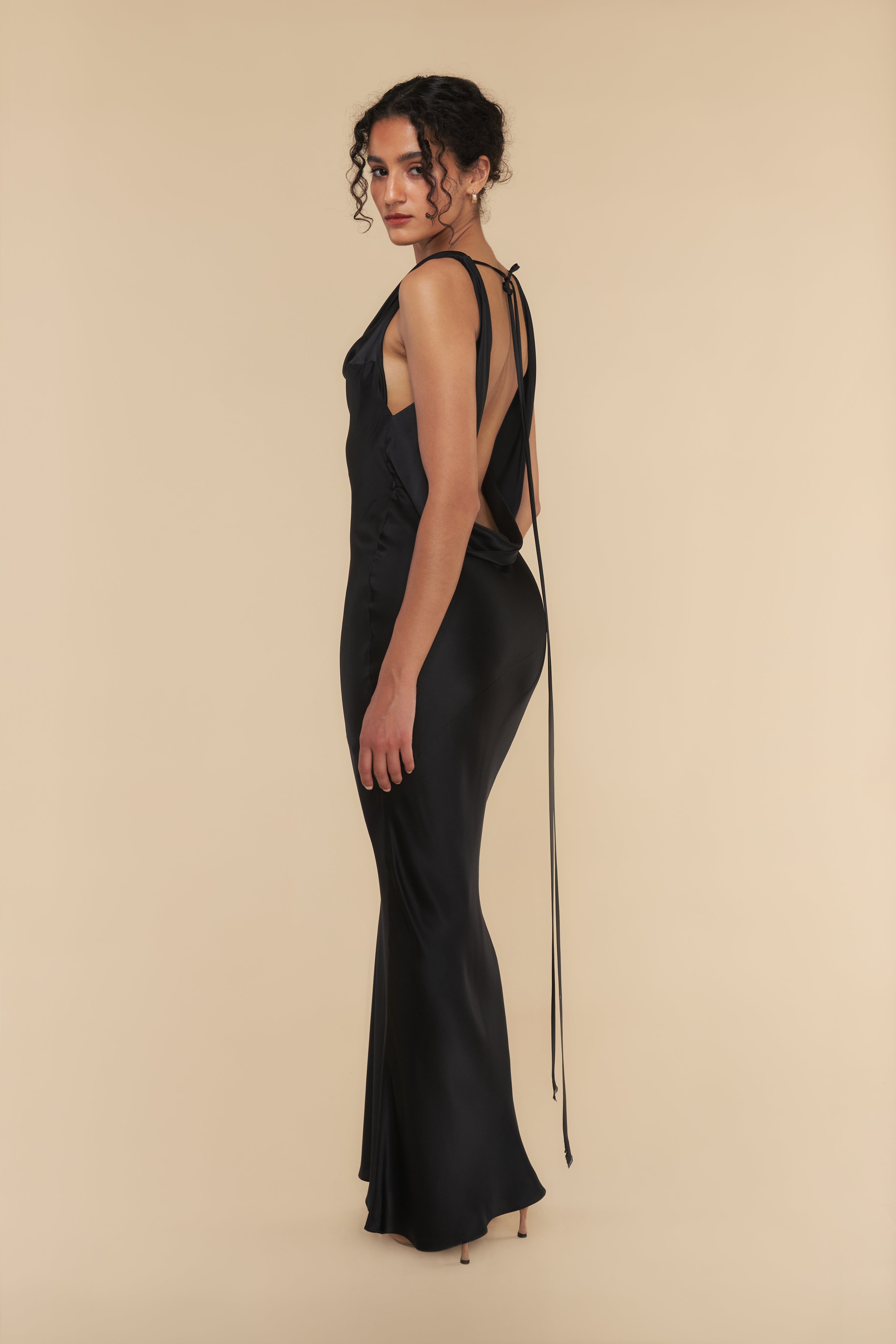 Plunging Back Cowl Dress in Noir