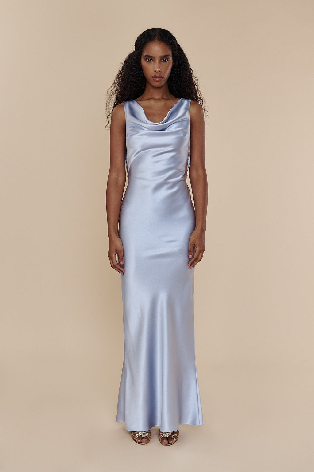 Plunging Back Cowl Dress in Ciel