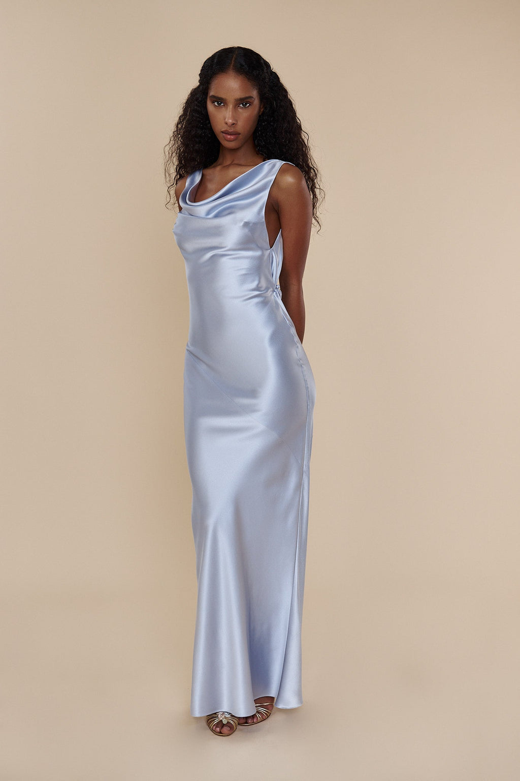 Plunging Back Cowl Dress in Ciel