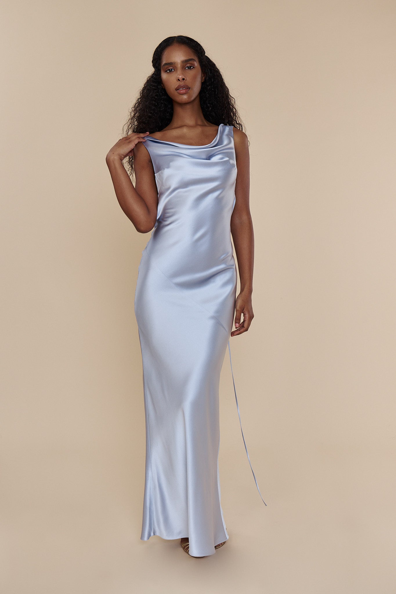 Plunging Back Cowl Dress in Ciel