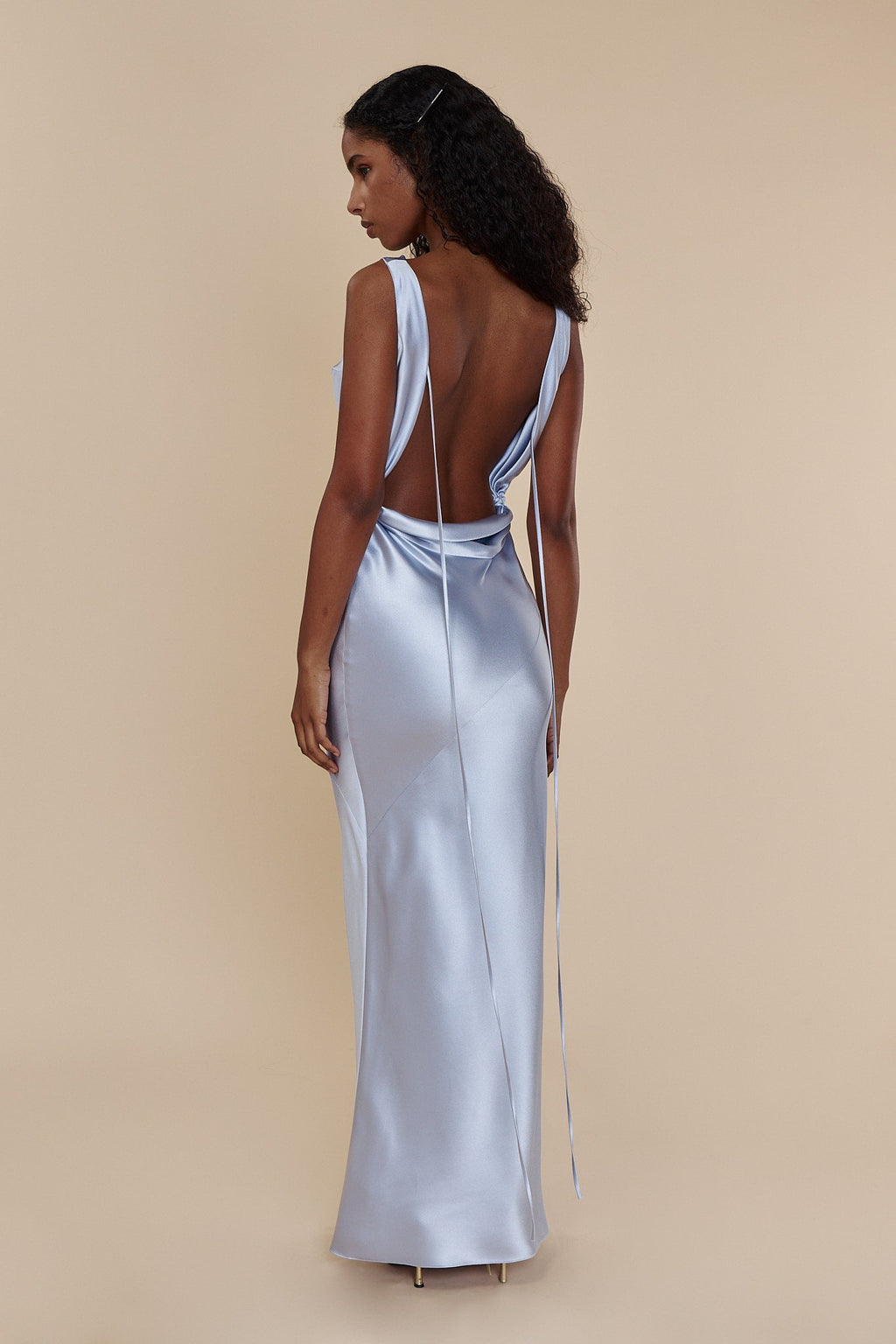 Plunging Back Cowl Dress in Ciel