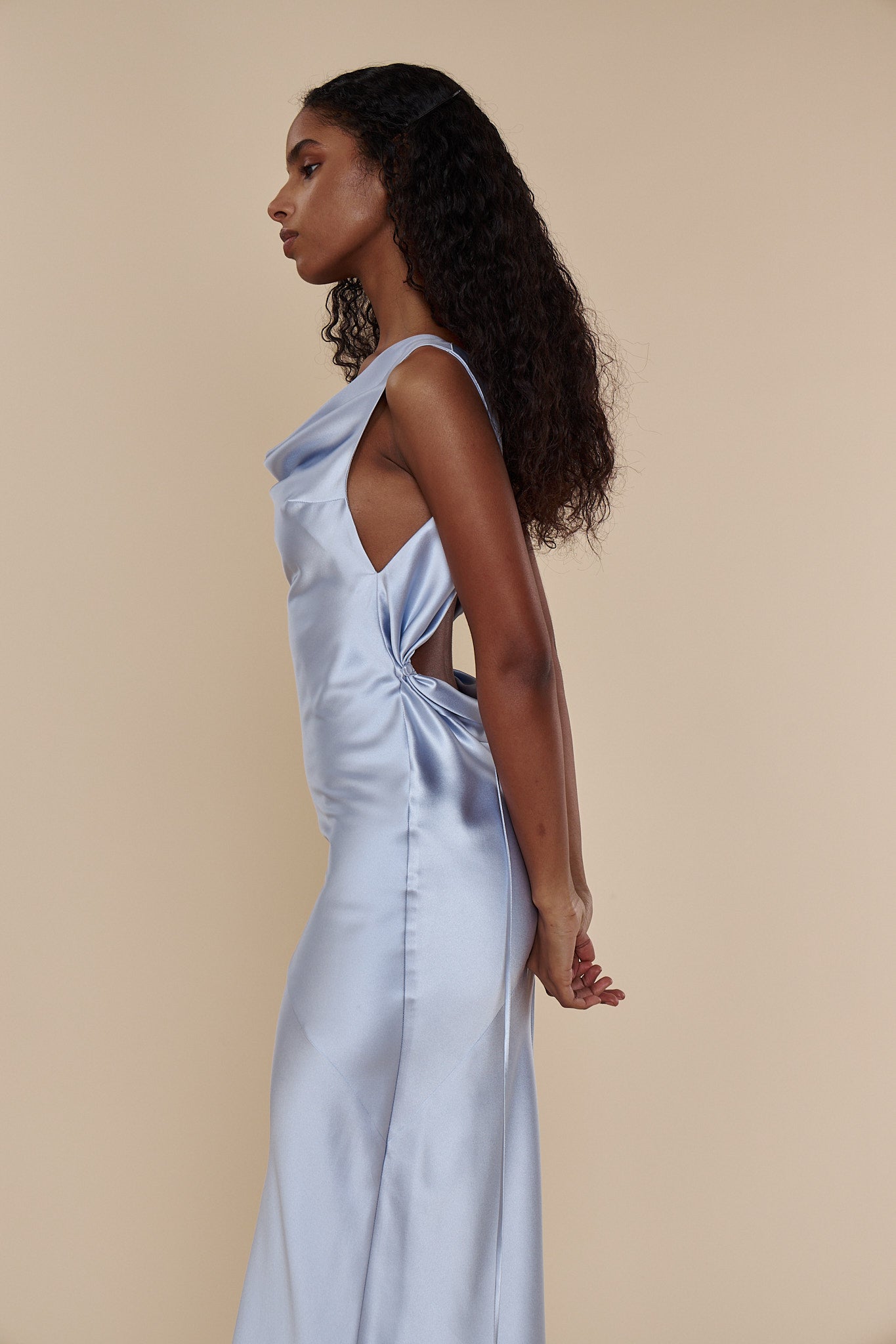 Plunging Back Cowl Dress in Ciel