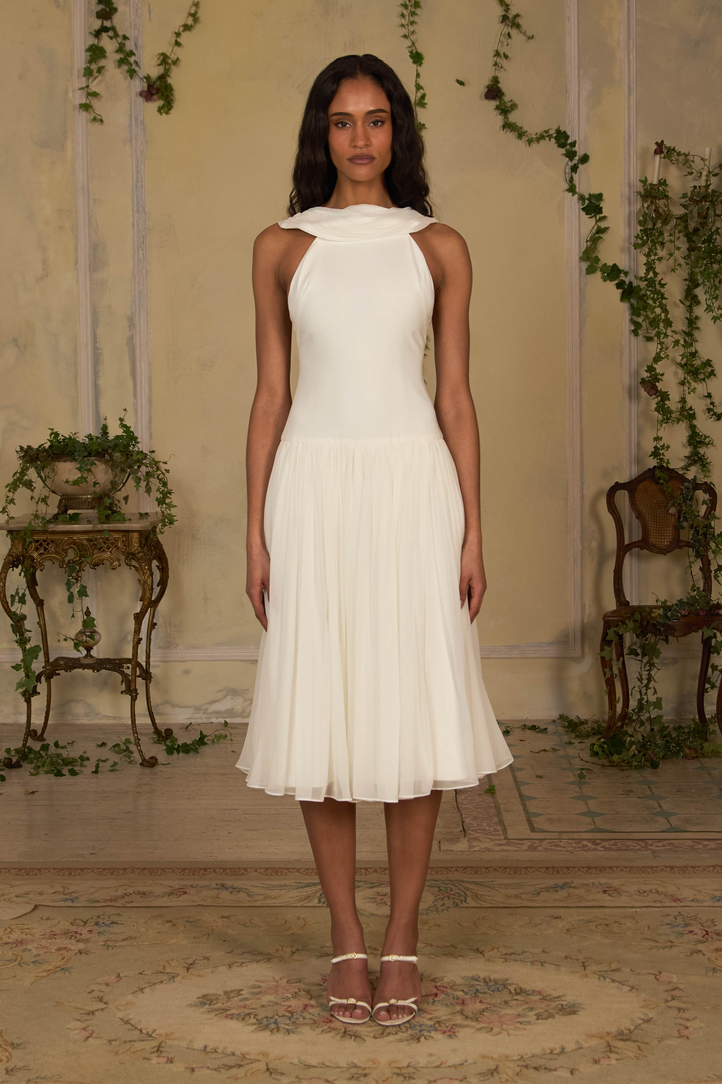 Double Cowl Lady Length Dress in Crme Mirror Palais Double Cowl Lady Length Dress in Crme Mirror Palais