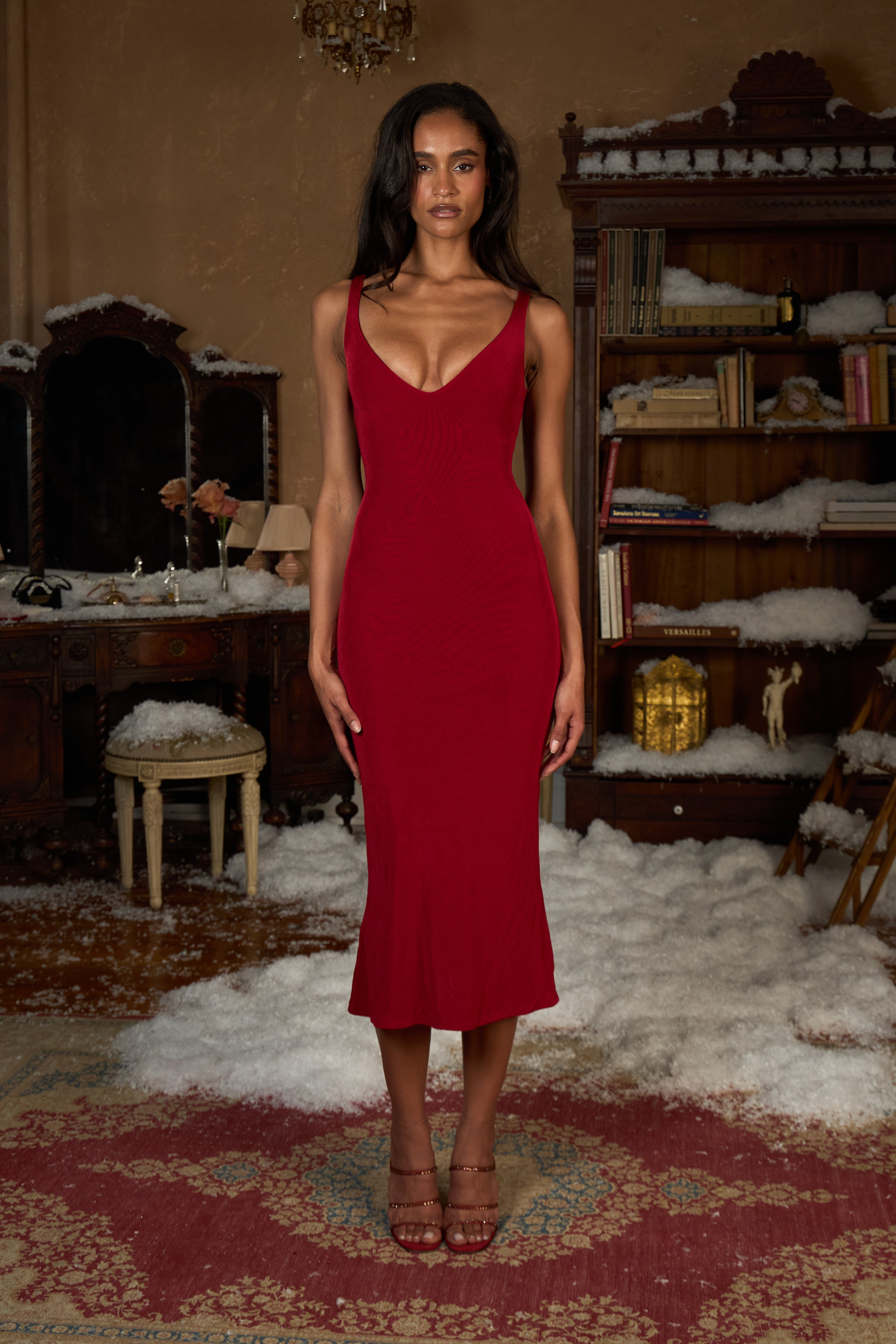 Plunging Neck Supermodel Dress in Vermilion – Mirror Palais