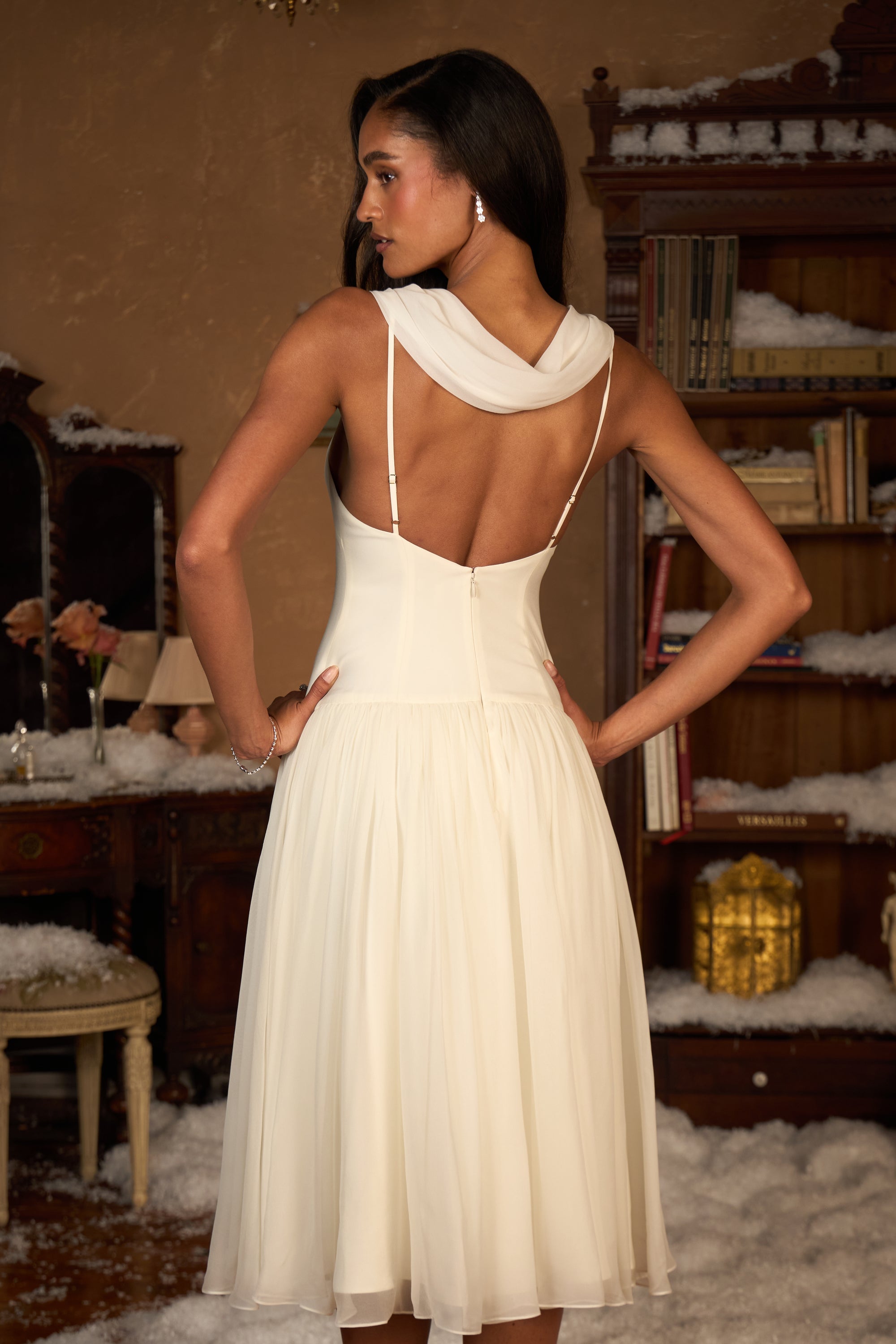 Double Cowl Lady Length Dress in Crème