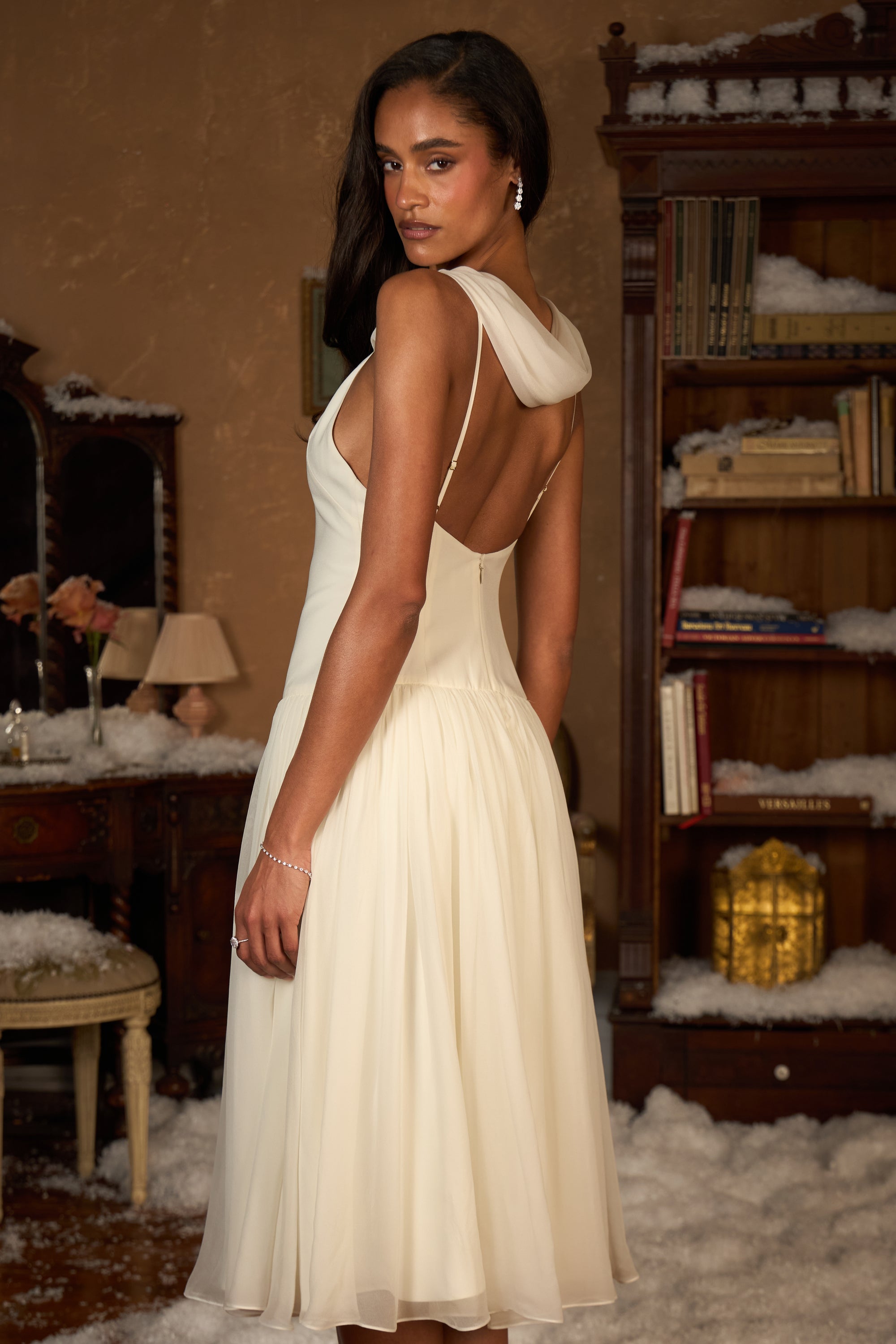 Double Cowl Lady Length Dress in Crème