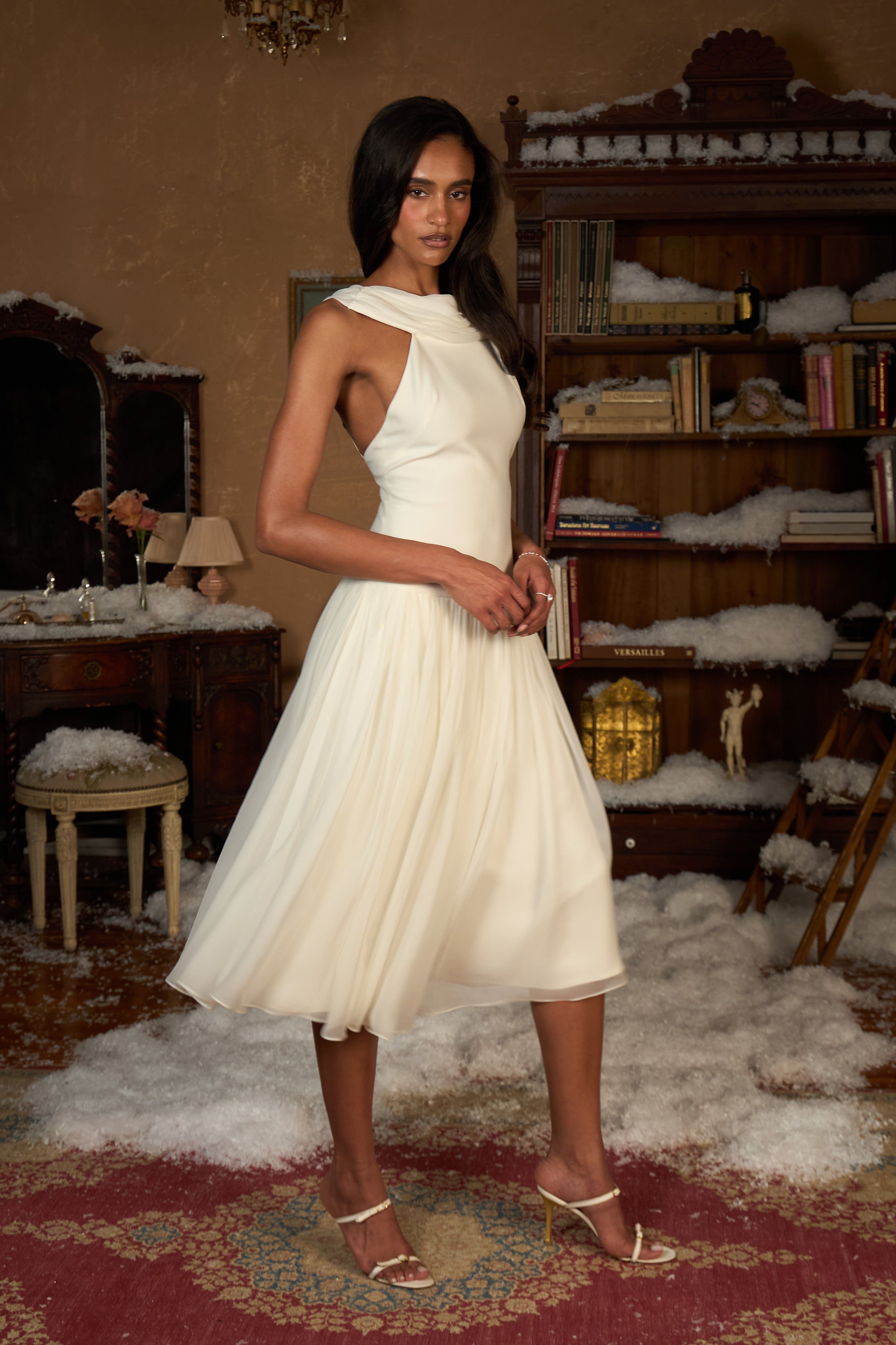 Double Cowl Lady Length Dress in Crème