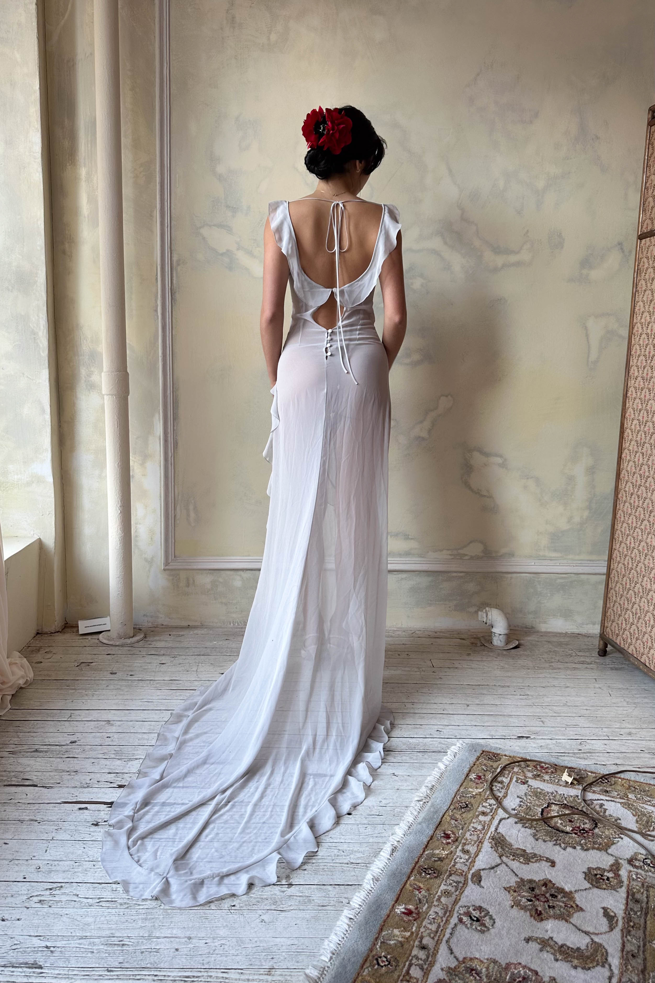 Sample Ruffle Sheer Gown With Train