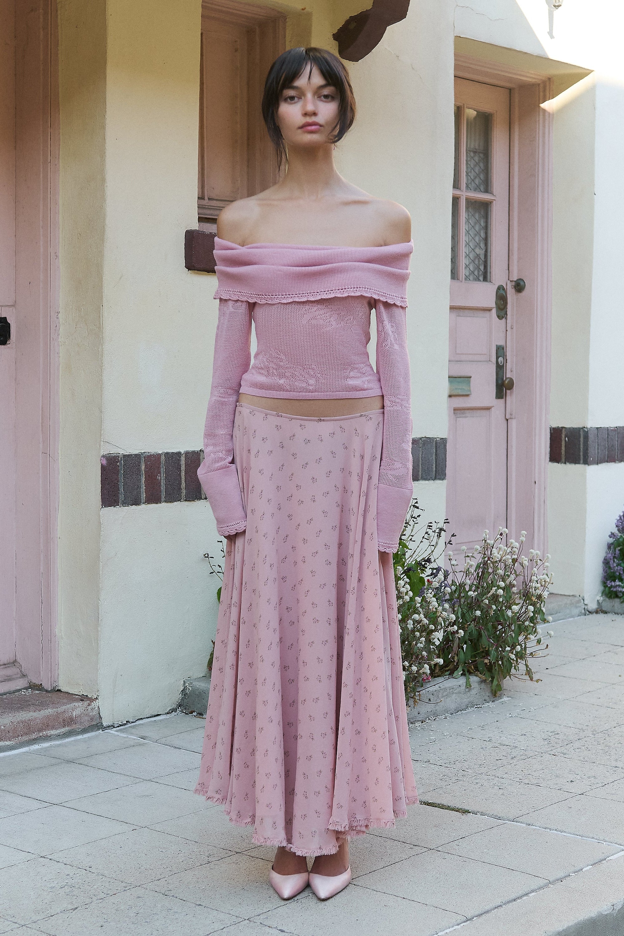 Pointelle Knit Off-Shoulder Top in Puce